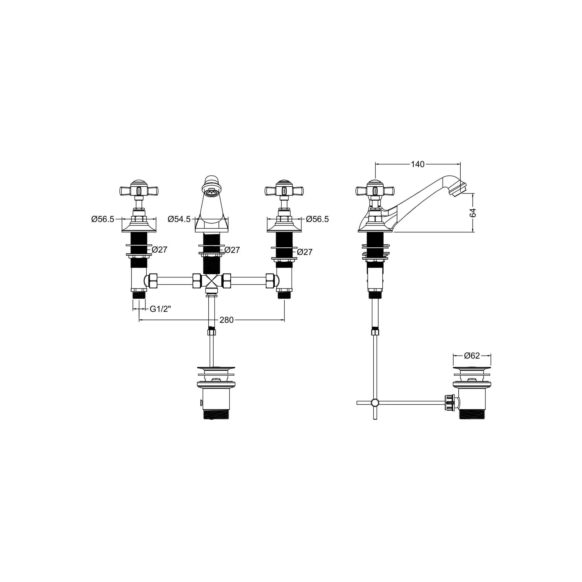 Nuie Beaumont 3-Hole Basin Mixer Tap Deck Mounted with Pop Up Waste - Image 4