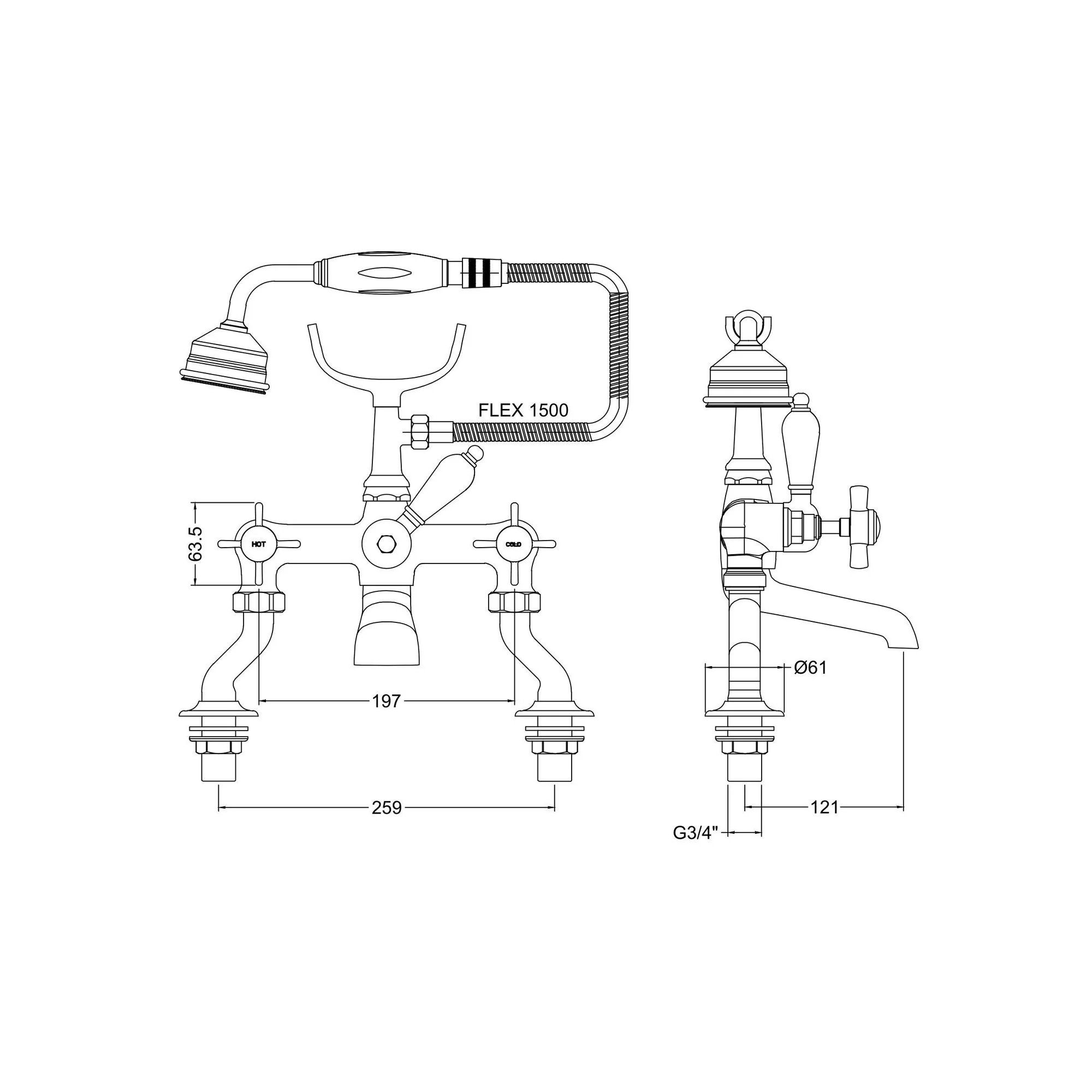 Nuie Beaumont Luxury Cranked Bath Shower Mixer Tap Pillar Mounted - Image 2