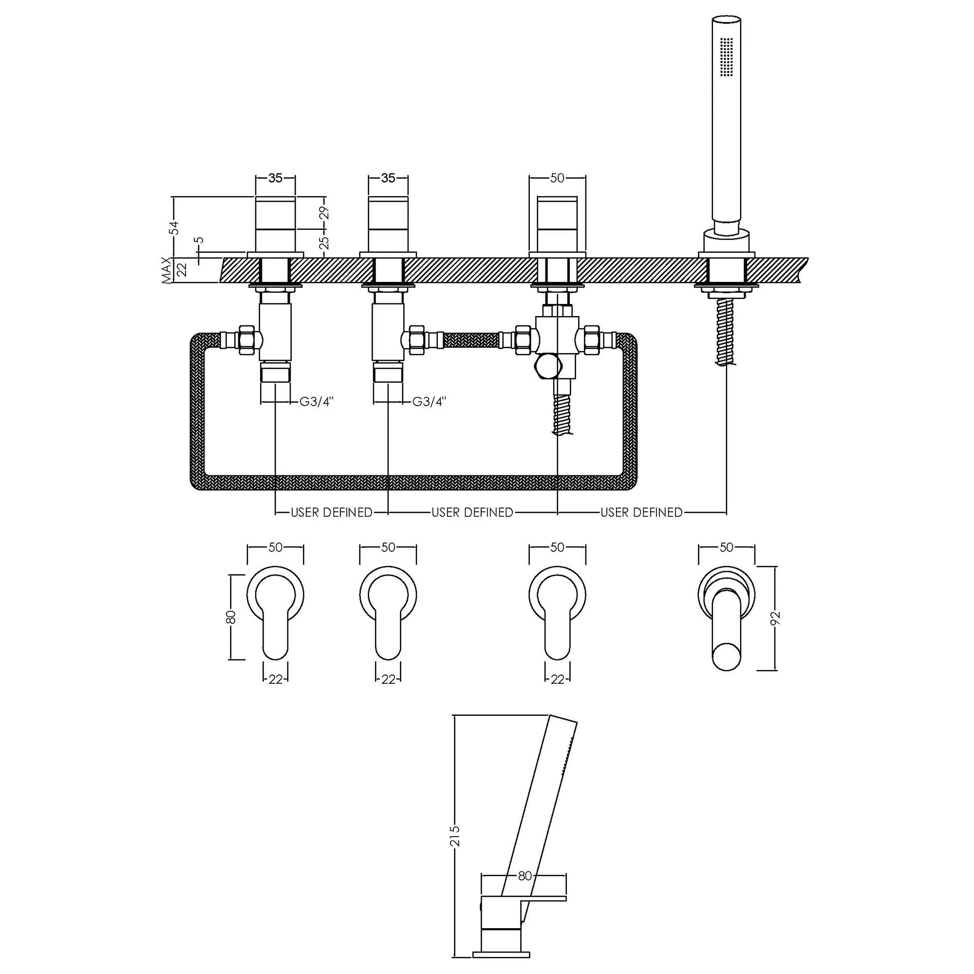 Nuie Binsey Deck Mounted 4 Tap Hole Bath Shower Mixer No Spout - Chrome - Image 5