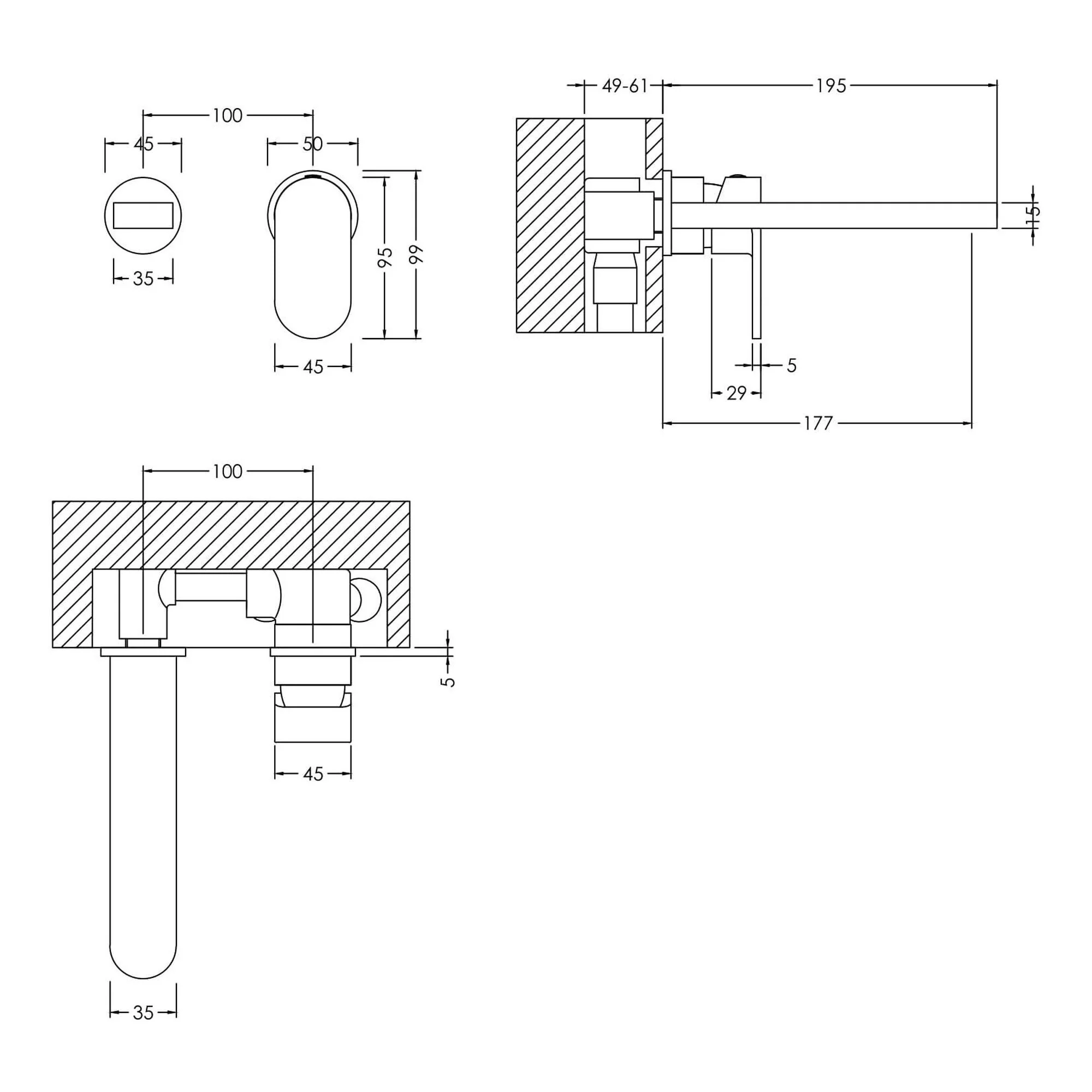 Nuie Binsey Wall Mounted 2 Tap Hole Basin Mixer - Chrome - Image 4