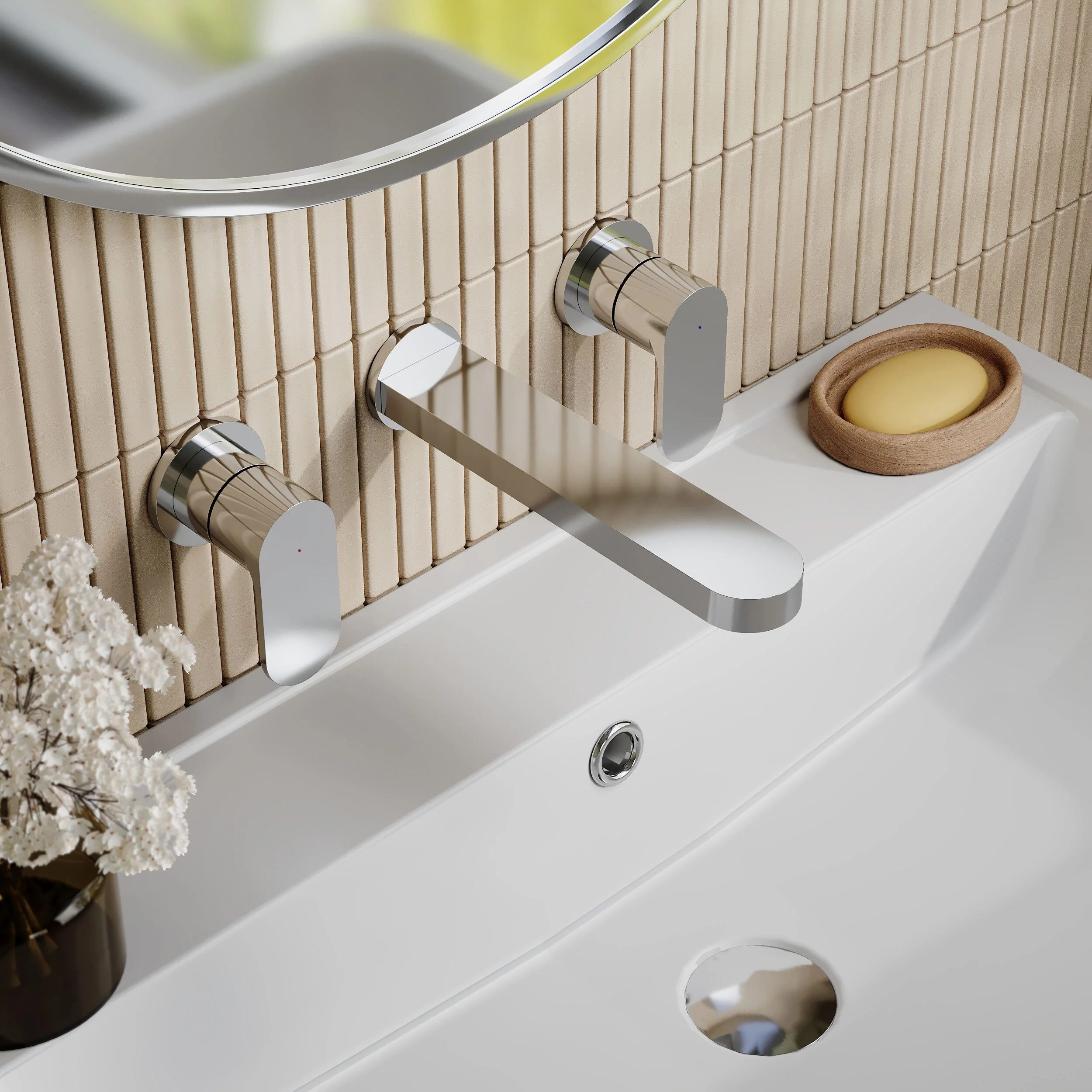 Nuie Binsey Wall Mounted 3 Tap Hole Basin Mixer - Chrome - Image 2