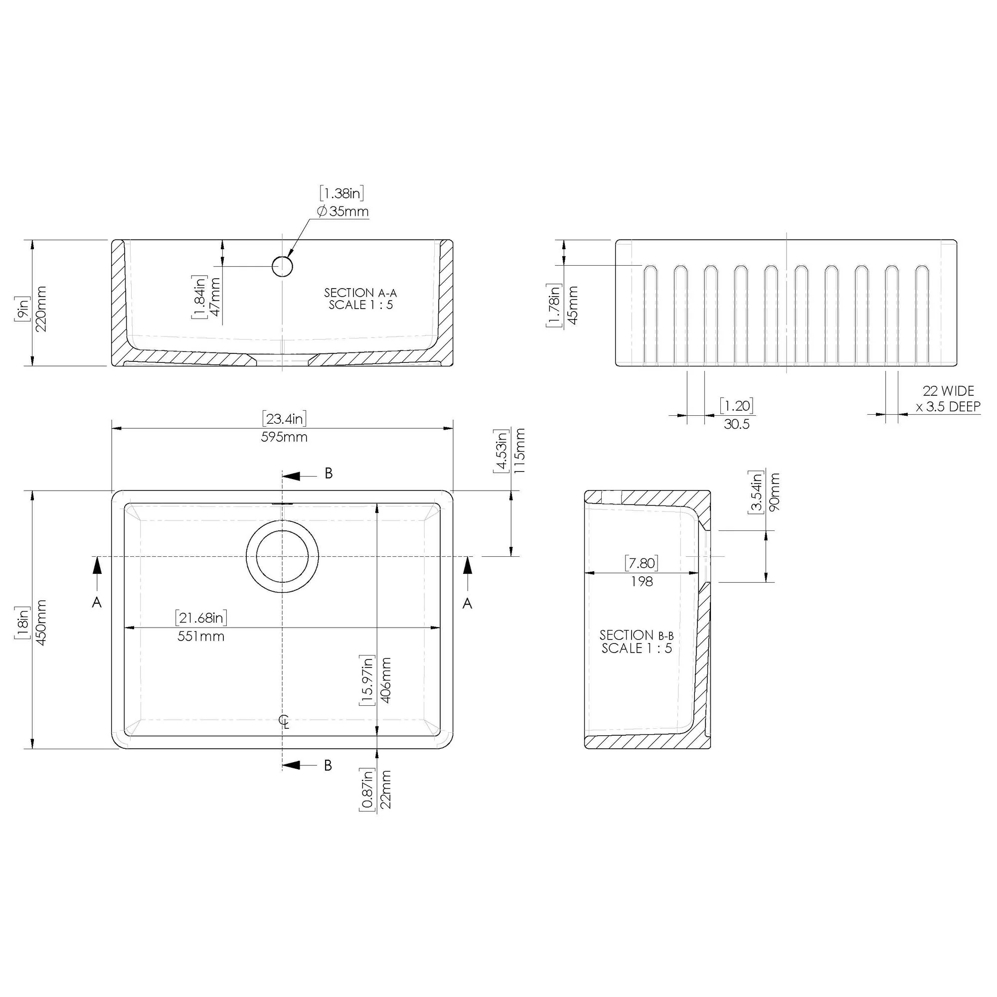 Nuie Fireclay Butler Fluted Sink with Overflow Bowl 595 x 450 - White - Image 4
