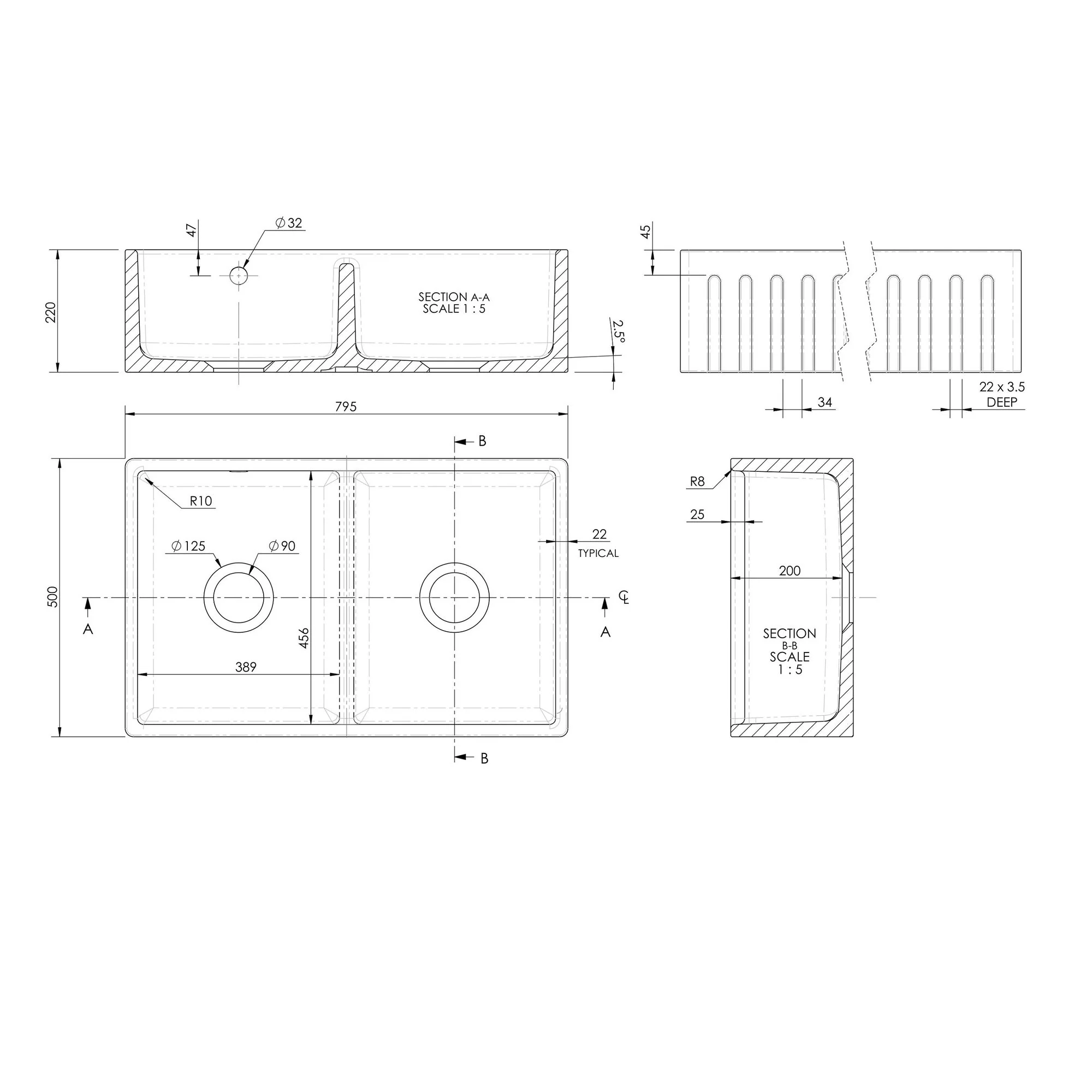 Nuie Fireclay Butler Fluted Stepped Weir Sink with Overflow Double Bowl 795 x 500 - White - Image 4