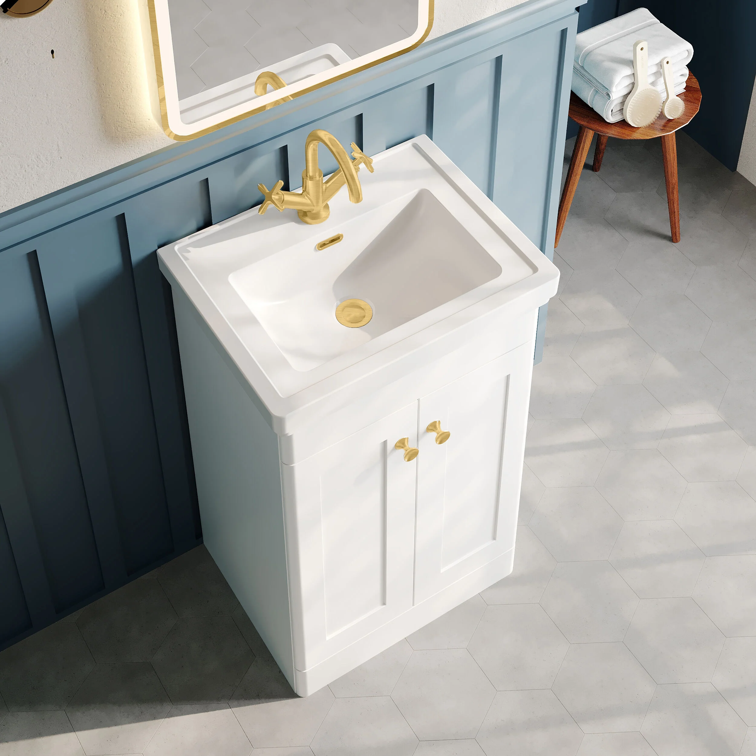 Nuie Classique 500mm Floor Standing 2-Door Unit & 1TH Basin - Satin White