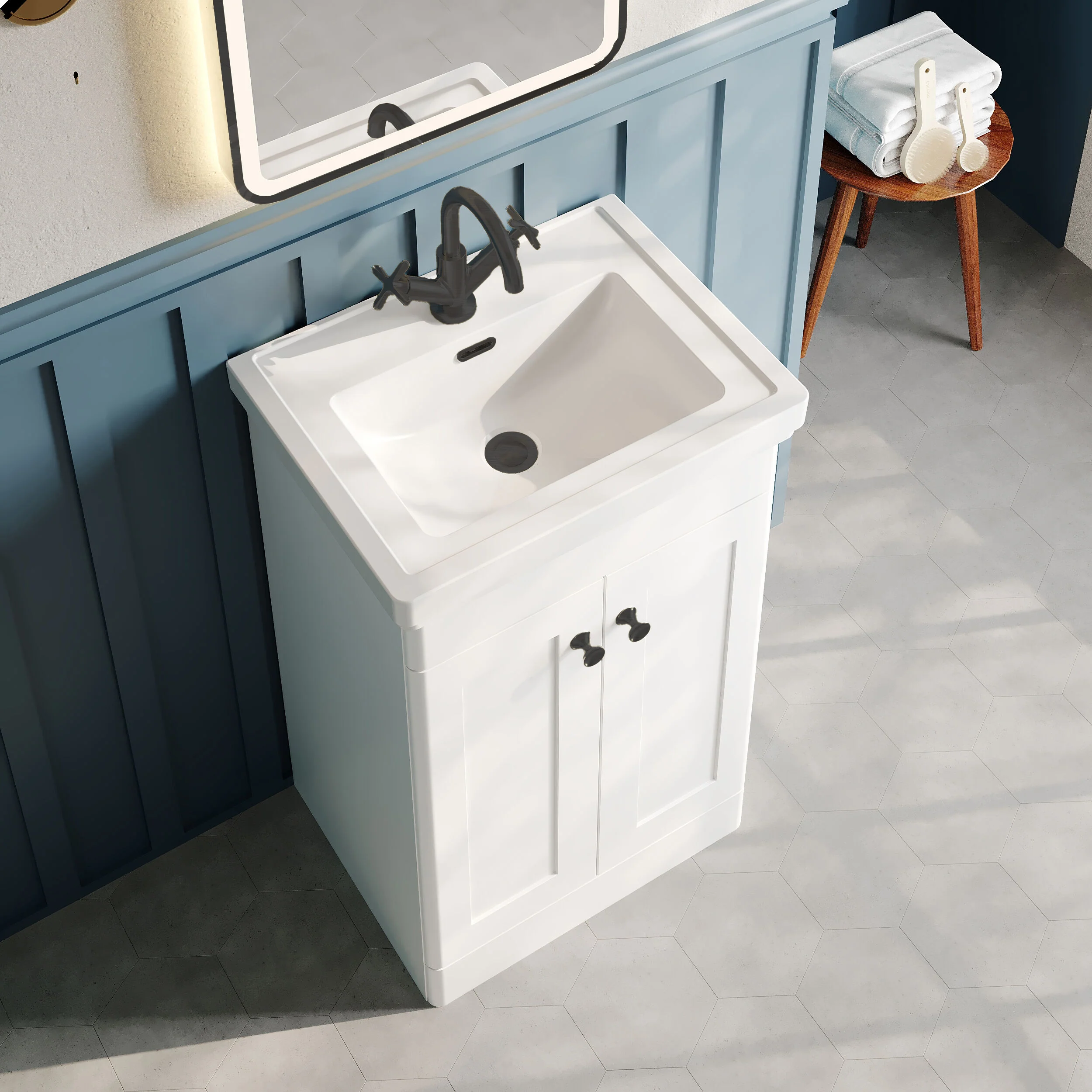 Nuie Classique 500mm Floor Standing 2-Door Unit & 1TH Basin - Satin White - Image 5