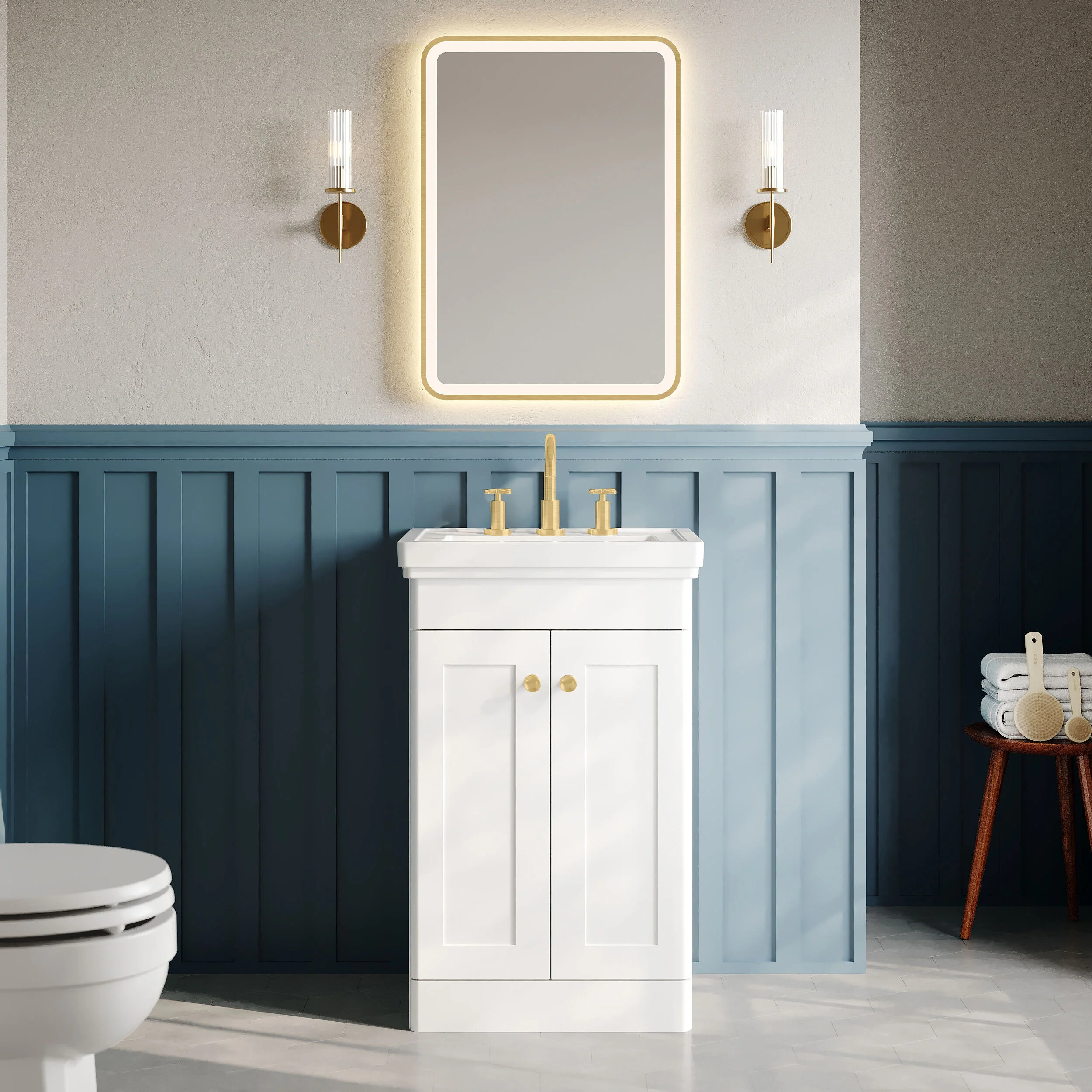 Nuie Classique 500mm Floor Standing 2-Door Unit & 3TH Basin - Satin White - Image 6