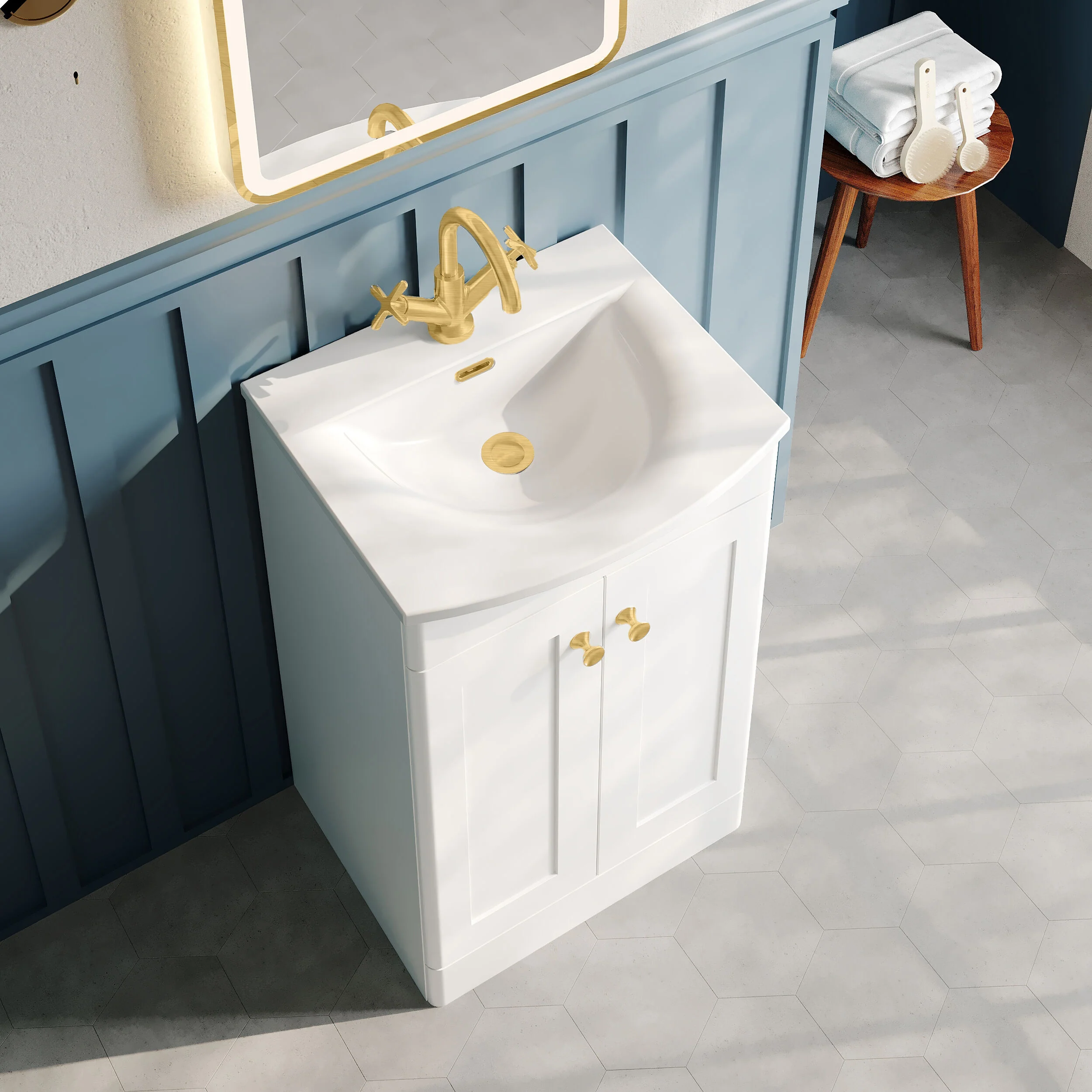 Nuie Classique 500mm Floor Standing 2-Door Unit & Curved Basin - Satin White - Image 5