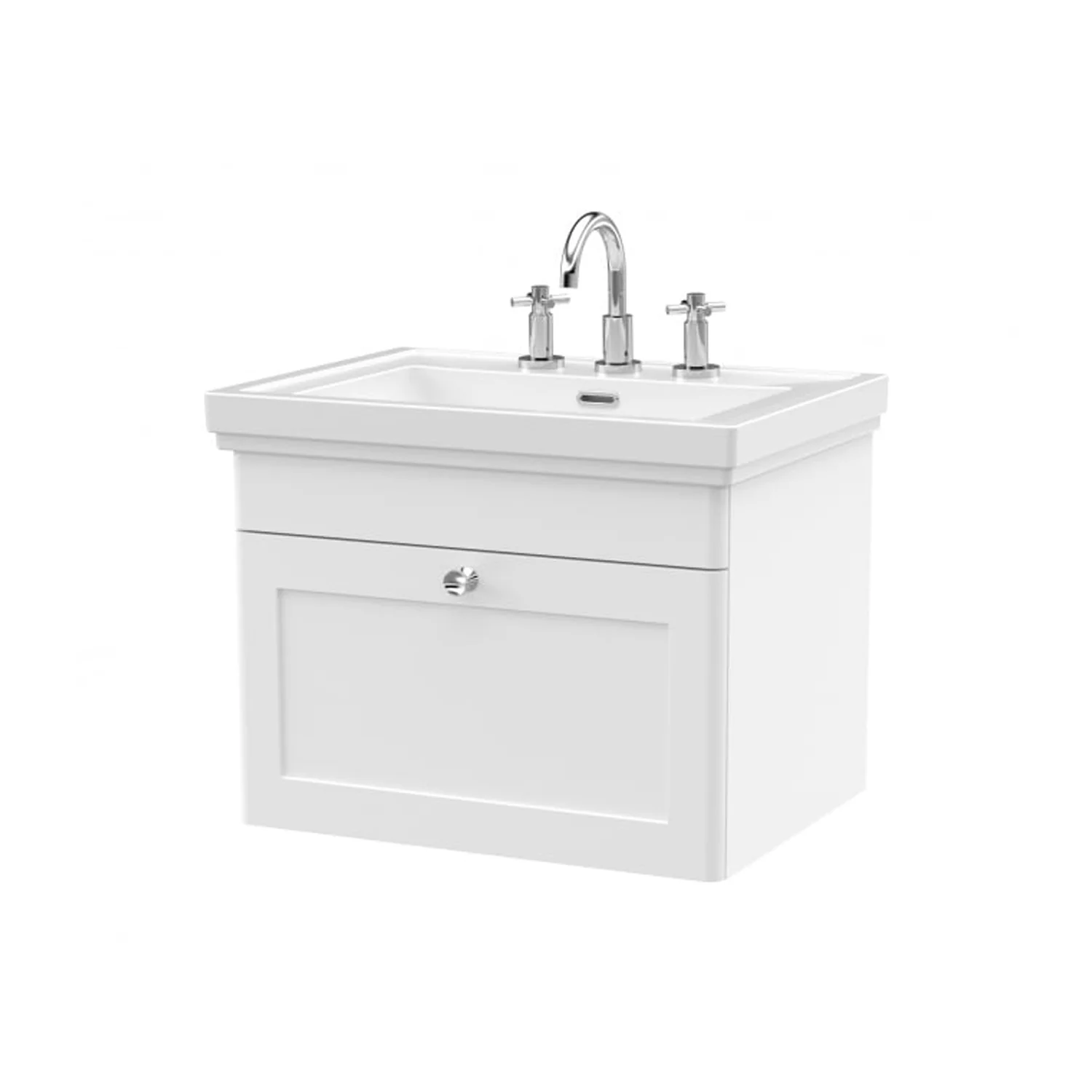 Nuie Classique 600mm Wall Mounted 1-Drawer Unit & 3TH Basin - Satin White