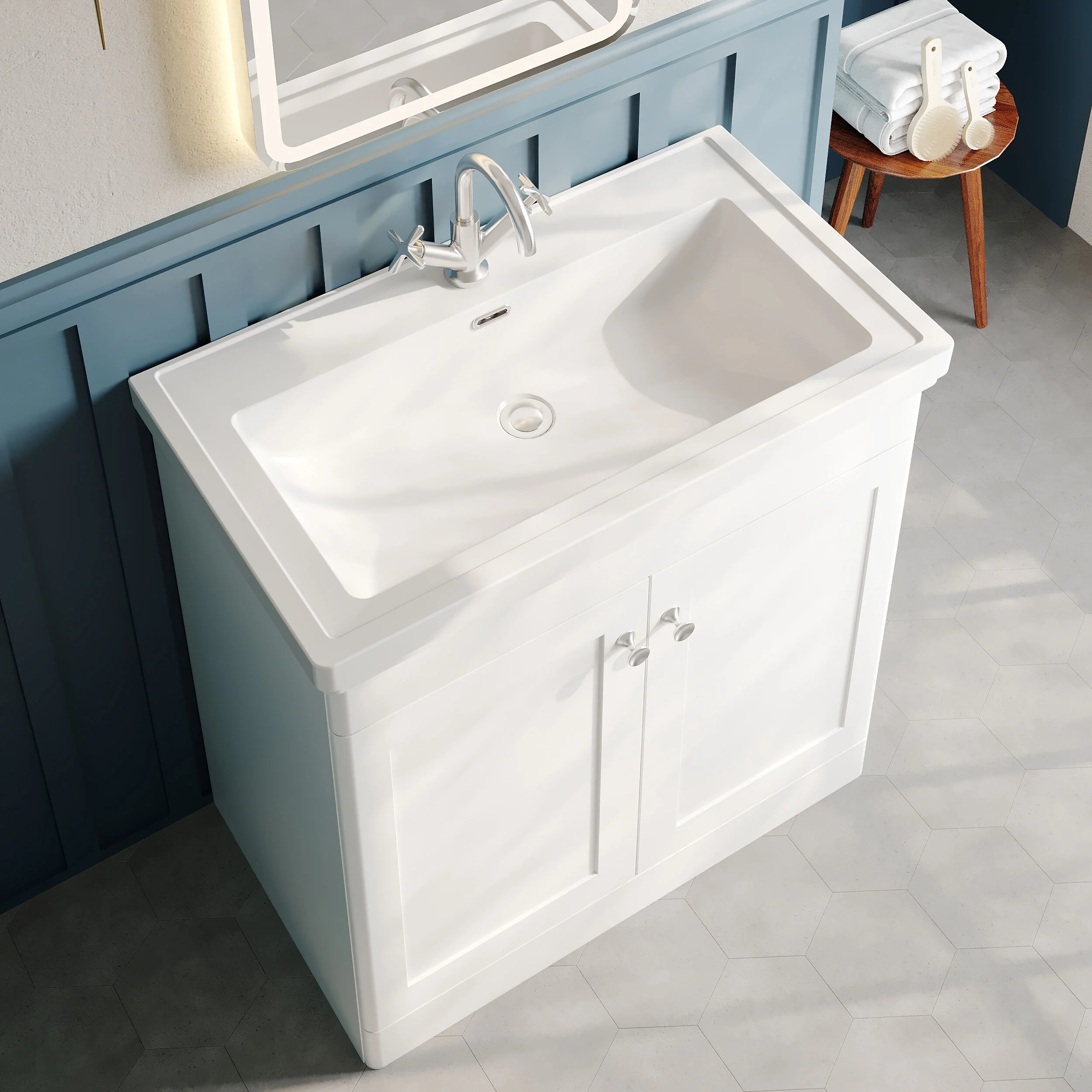 Nuie Classique 800mm Floor Standing 2-Door Unit & 1TH Basin - Satin White - Image 7