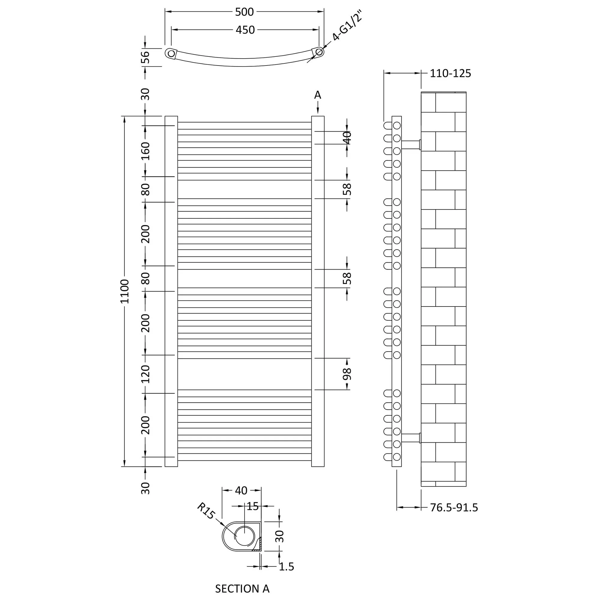 Nuie Curved 1150 x 500 Ladder Rail - Anthracite - Image 3