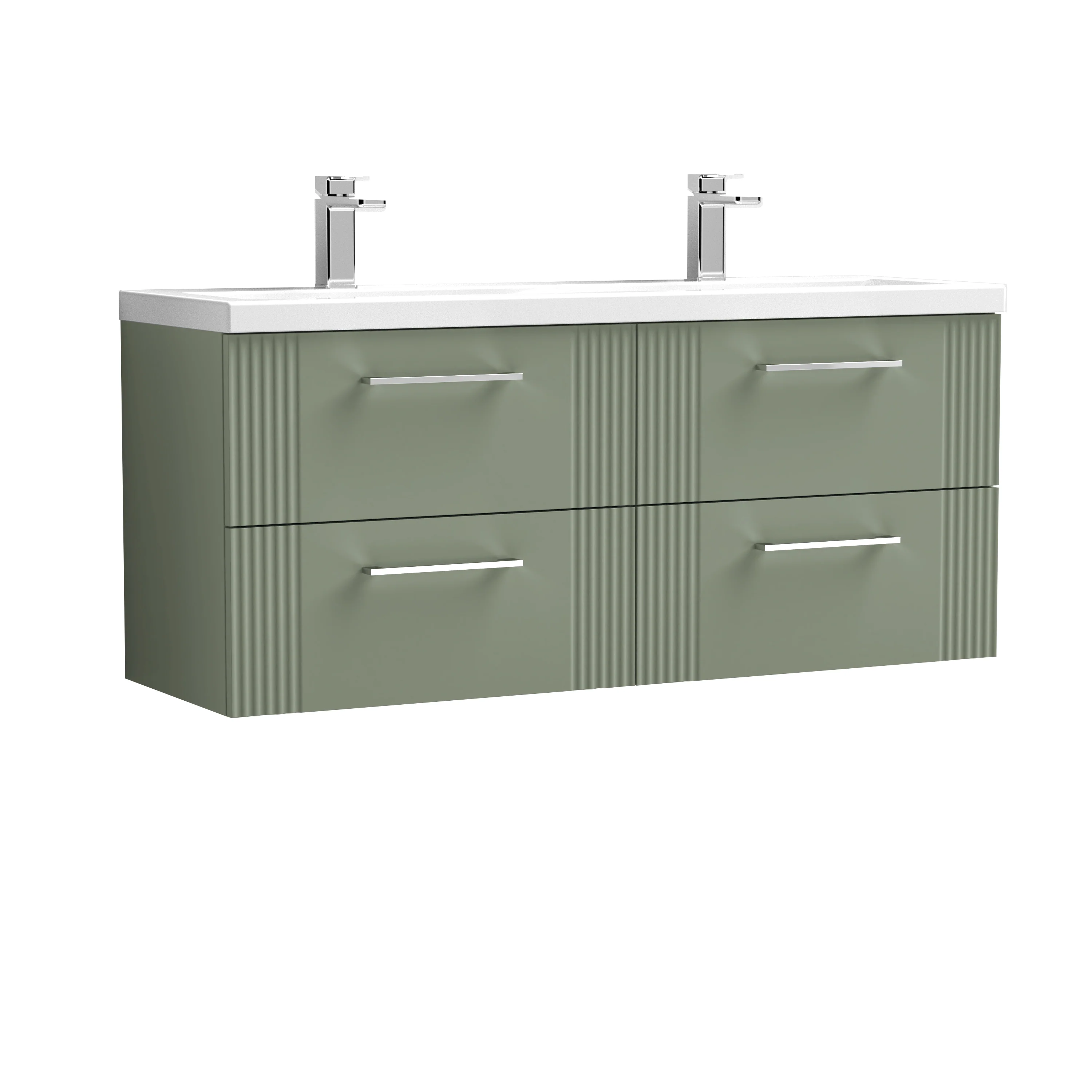 Nuie Deco 1200mm Wall Hung 4 Drawer Vanity & Double Basin - Satin Reed Green