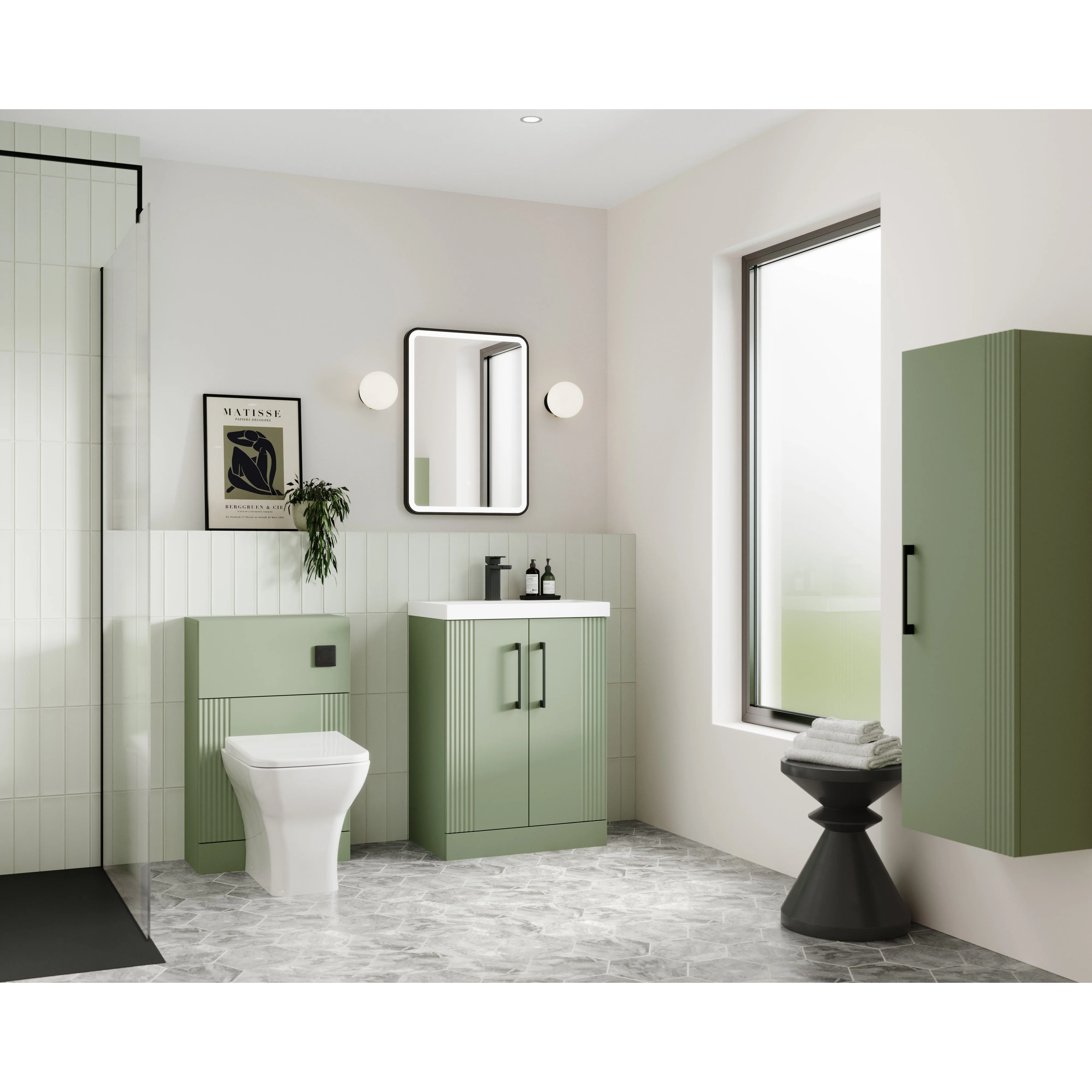 Nuie Deco 500mm Floor Standing 2-Door Vanity & Basin 3 - Satin Green - Image 3