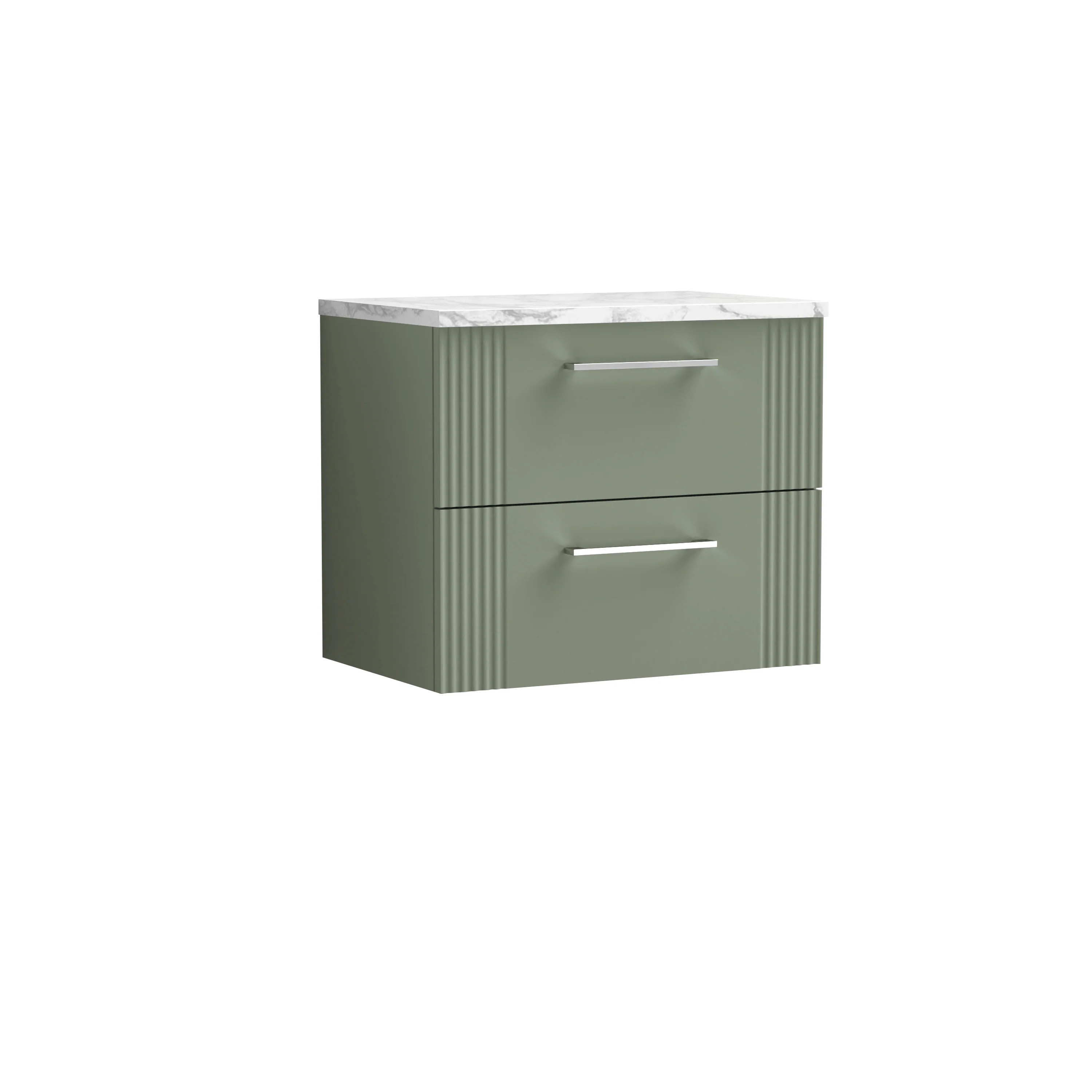 Nuie Deco 600mm Wall Hung 2-Drawer Vanity & Laminate Worktop - Satin Green