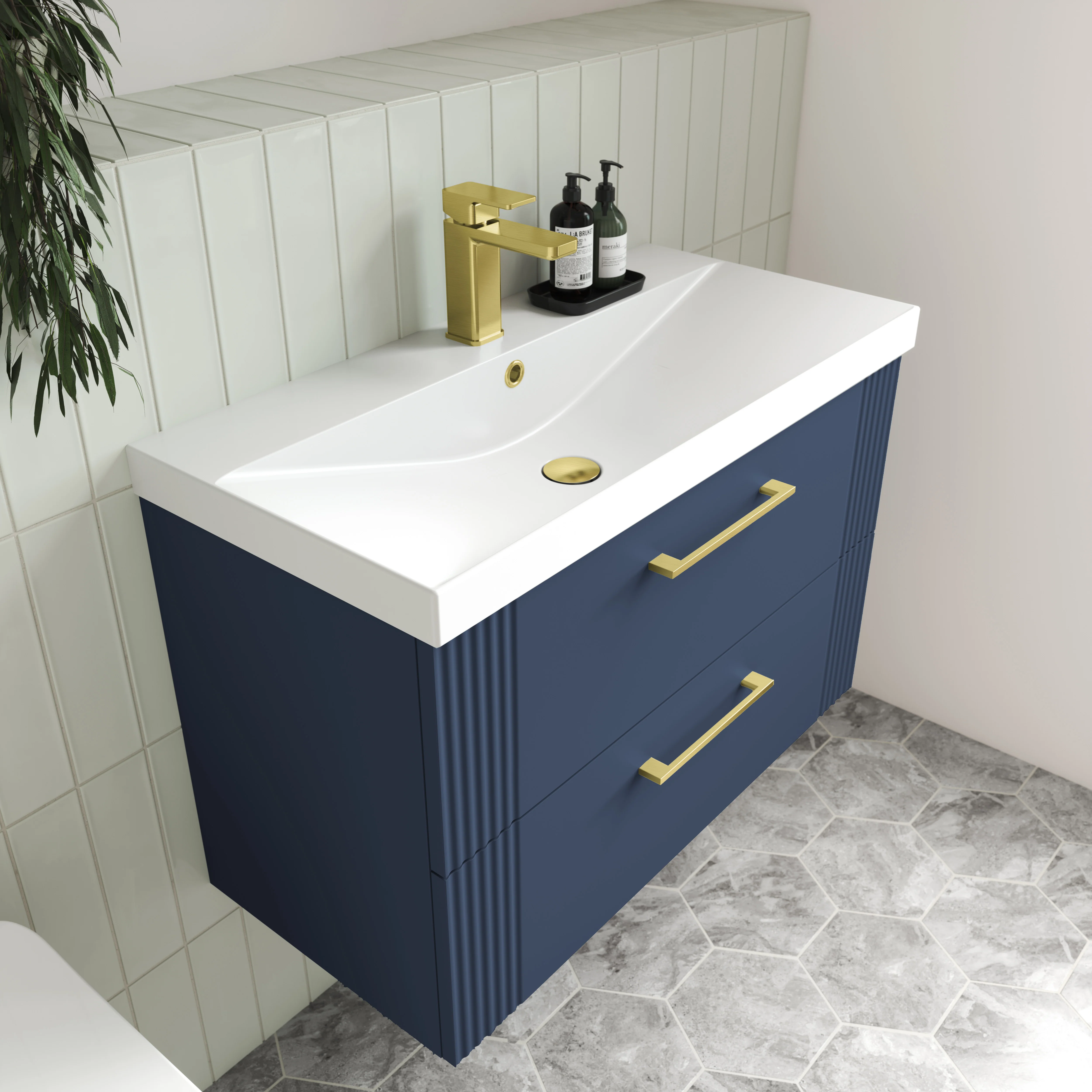 Nuie Deco 800mm Wall Hung 2-Drawer Vanity & Basin 3 - Satin Blue