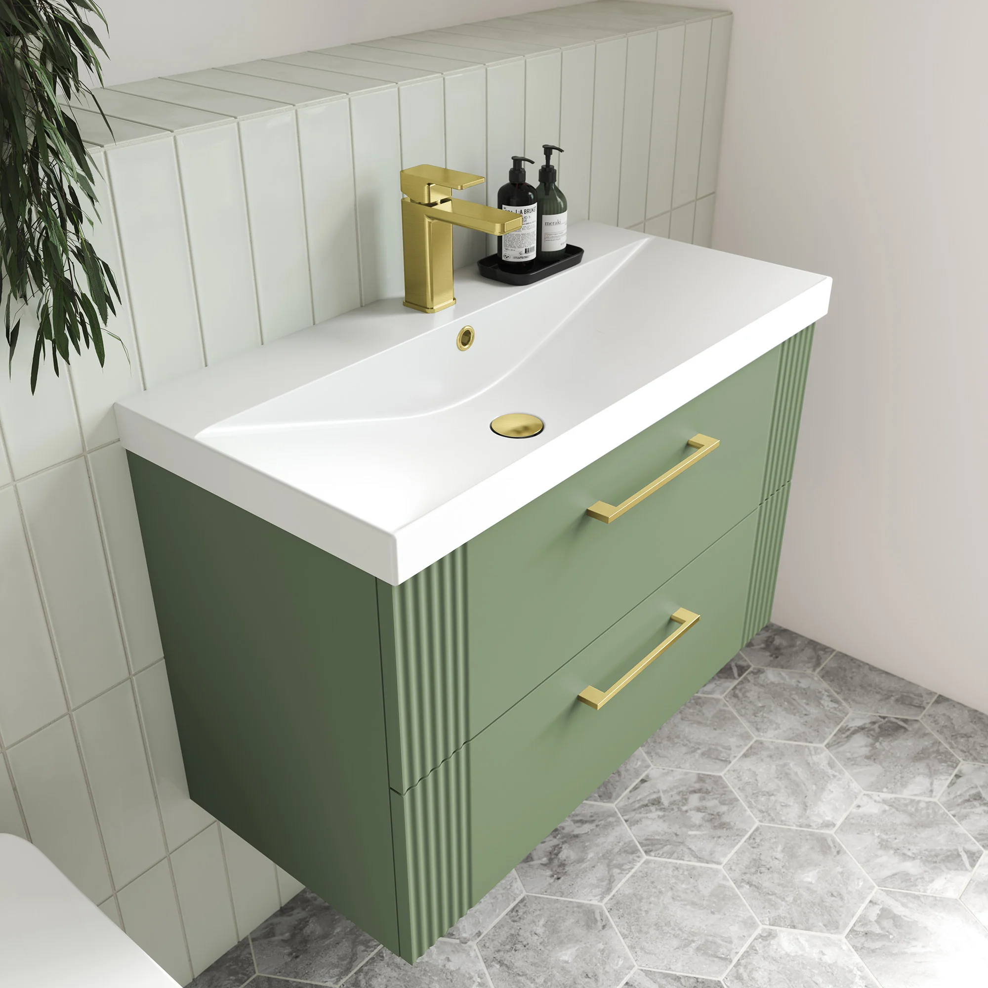 Nuie Deco 800mm Wall Hung 2-Drawer Vanity & Basin 3 - Satin Green - Image 5