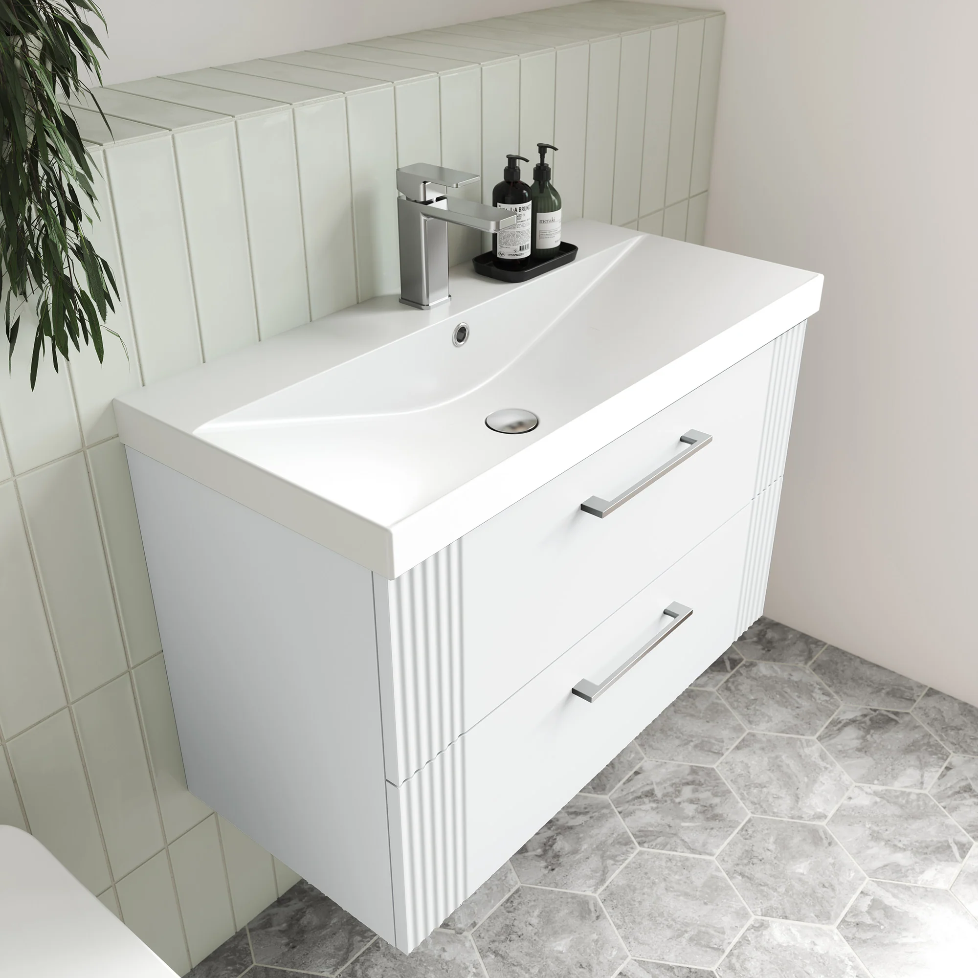 Nuie Deco 800mm Wall Hung 2-Drawer Vanity & Basin 3 - Satin White