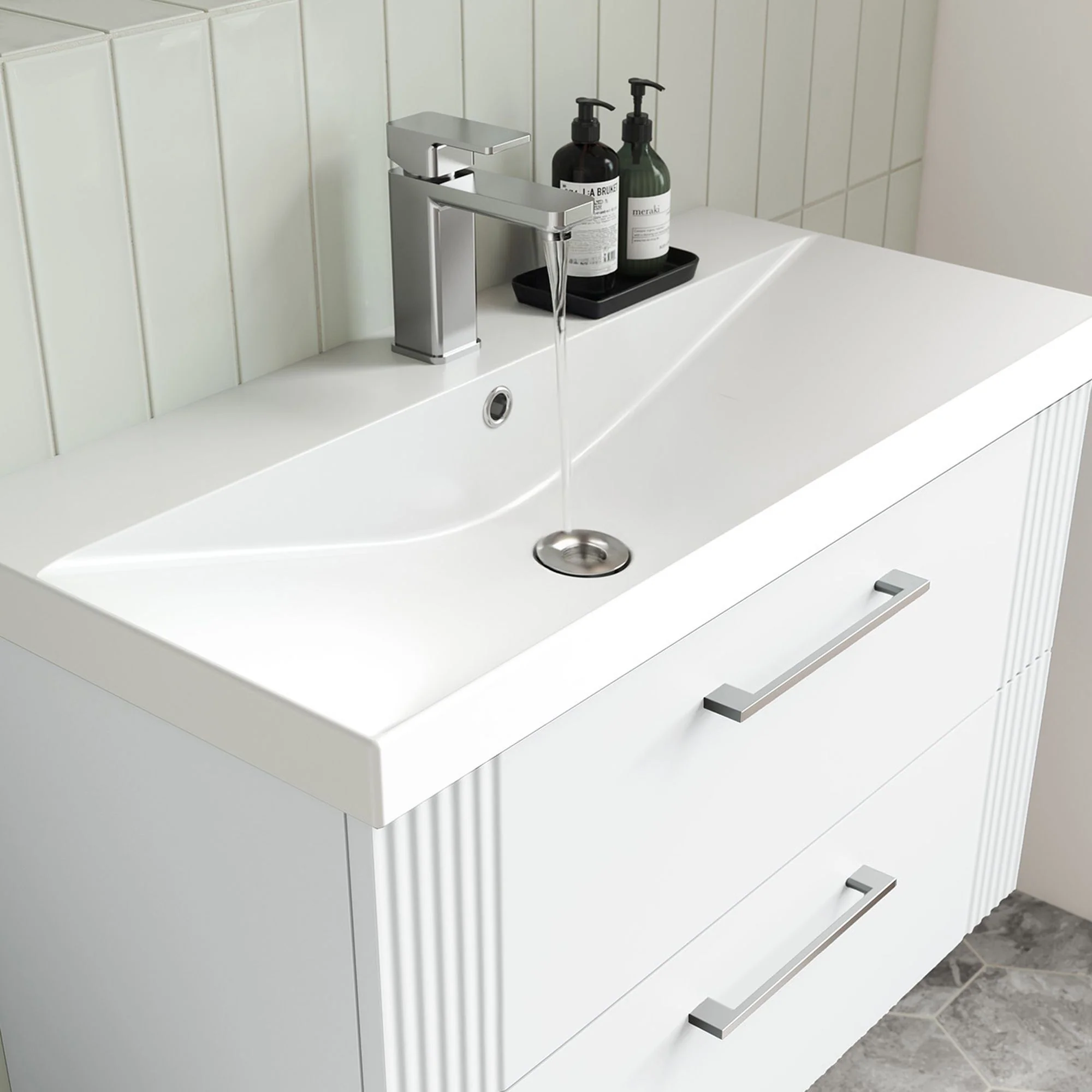 Nuie Deco 800mm Wall Hung 2-Drawer Vanity & Basin 3 - Satin White - Image 2