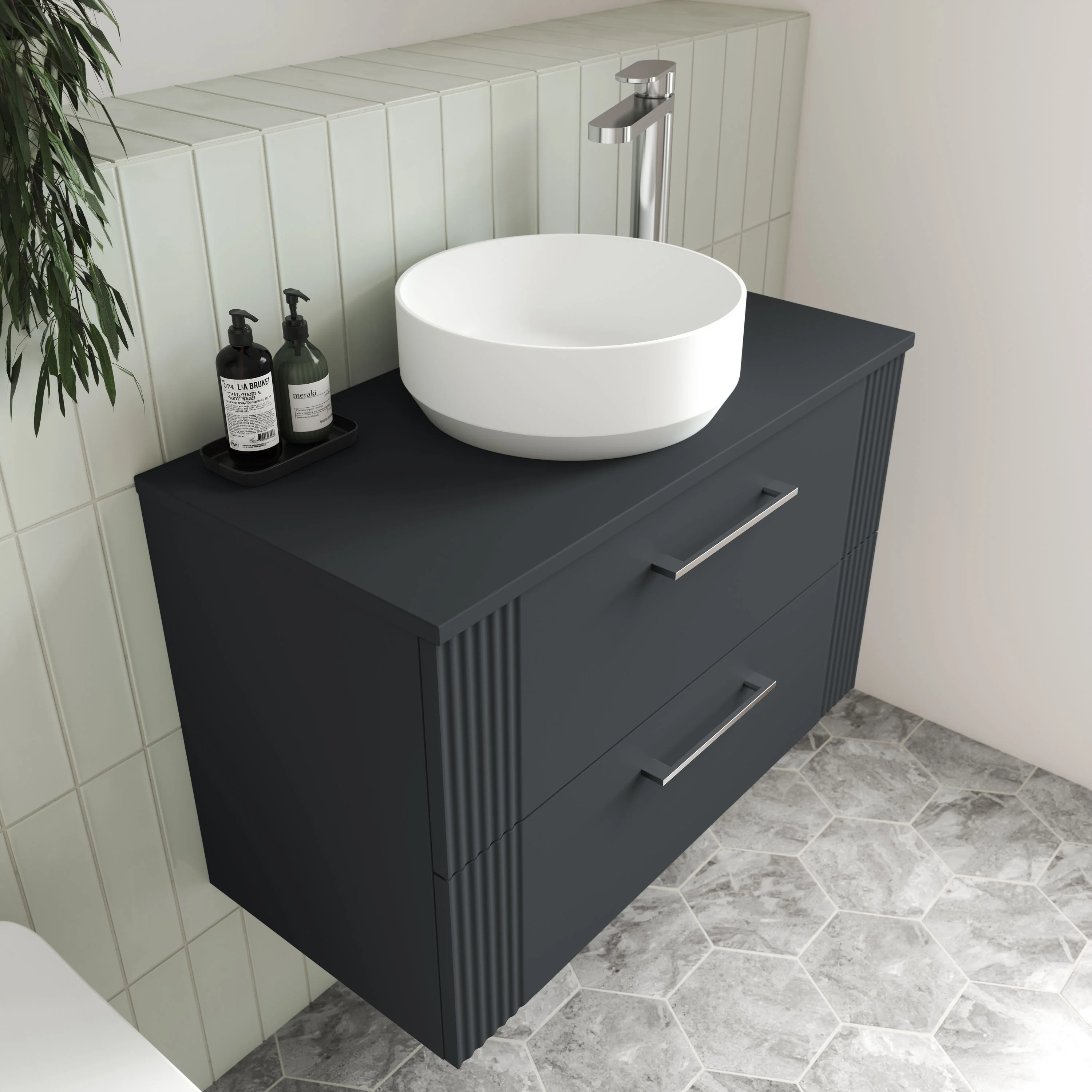 Nuie Deco 800mm Wall Hung 2-Drawer Vanity & Worktop - Soft Black - Image 3