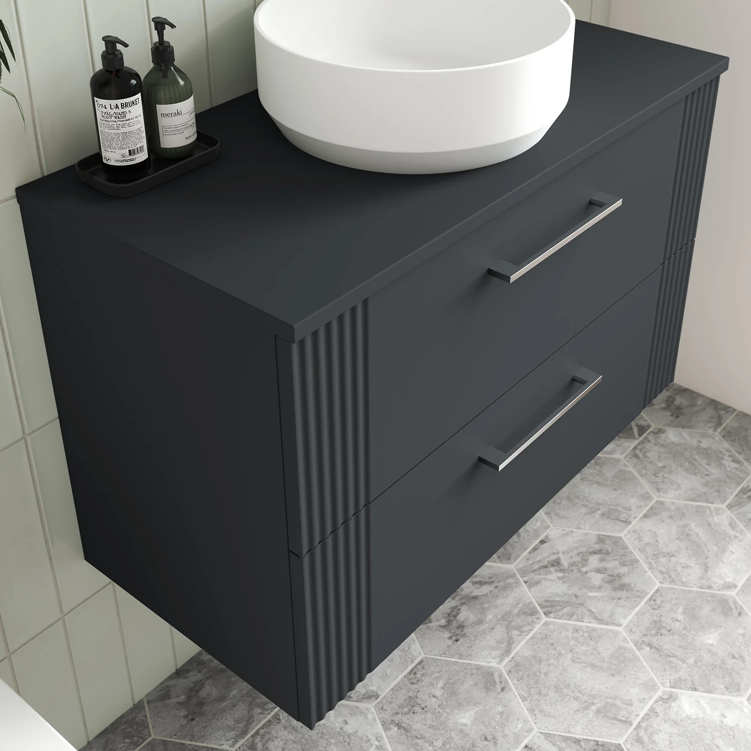 Nuie Deco 800mm Wall Hung 2-Drawer Vanity & Worktop - Soft Black - Image 6
