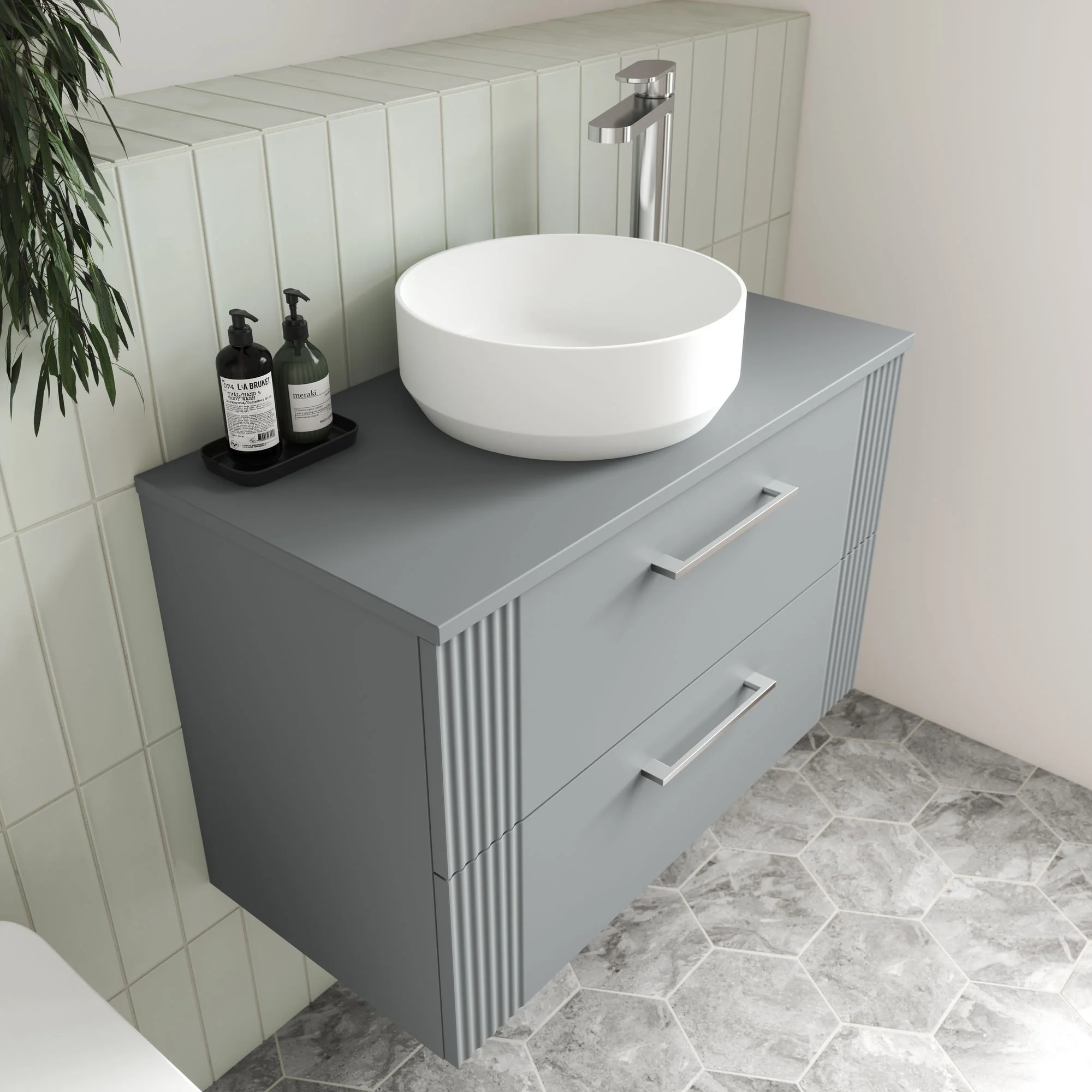 Nuie Deco 800mm Wall Hung 2-Drawer Vanity & Worktop - Satin Grey - Image 3