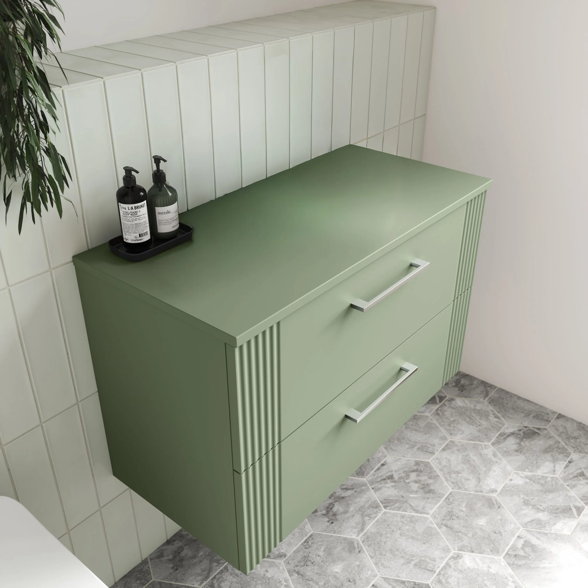 Nuie Deco 800mm Wall Hung 2-Drawer Vanity & Worktop - Satin Green