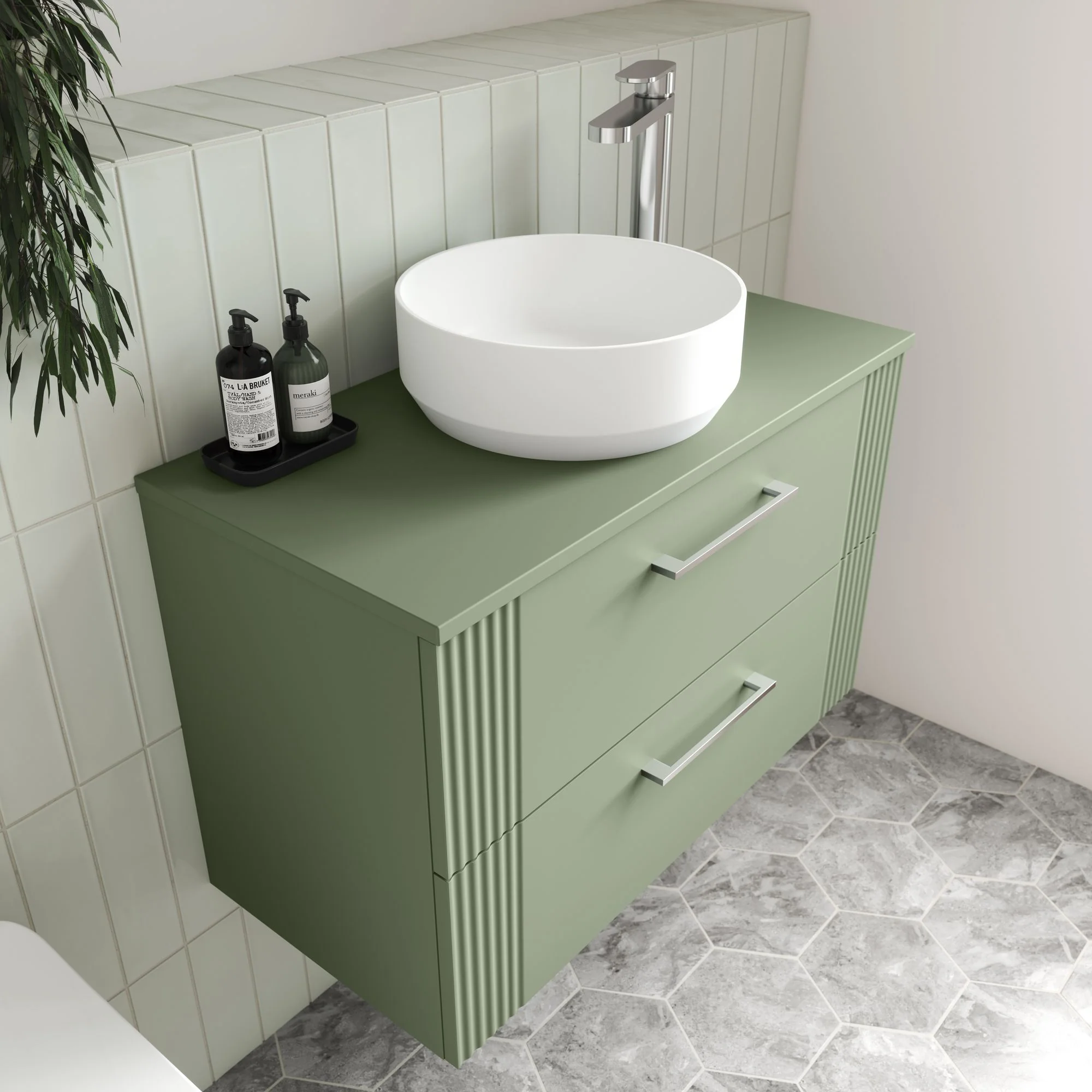 Nuie Deco 800mm Wall Hung 2-Drawer Vanity & Worktop - Satin Green - Image 3
