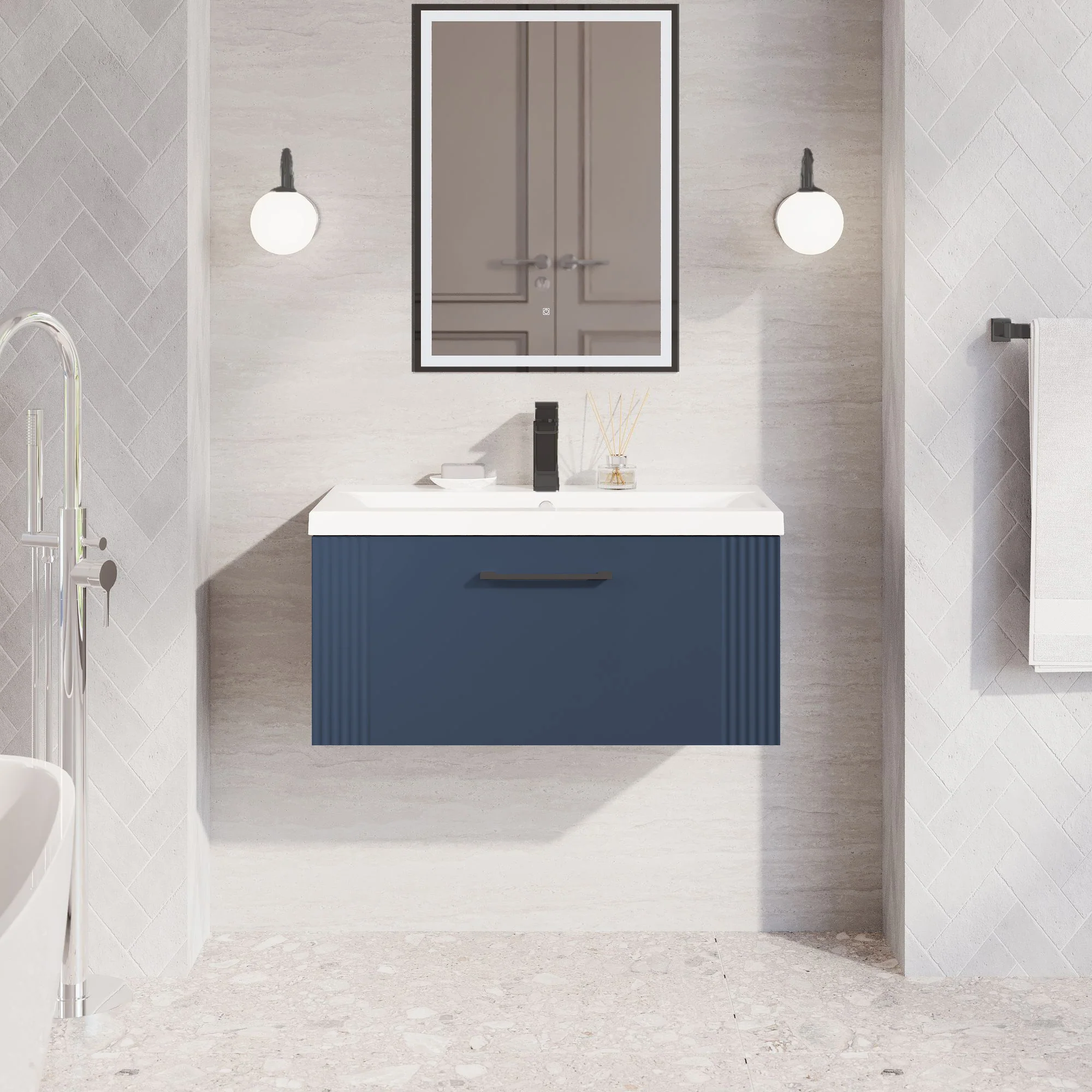 Nuie Deco 800mm Wall Hung Single Drawer Vanity & Basin 1 - Satin Blue