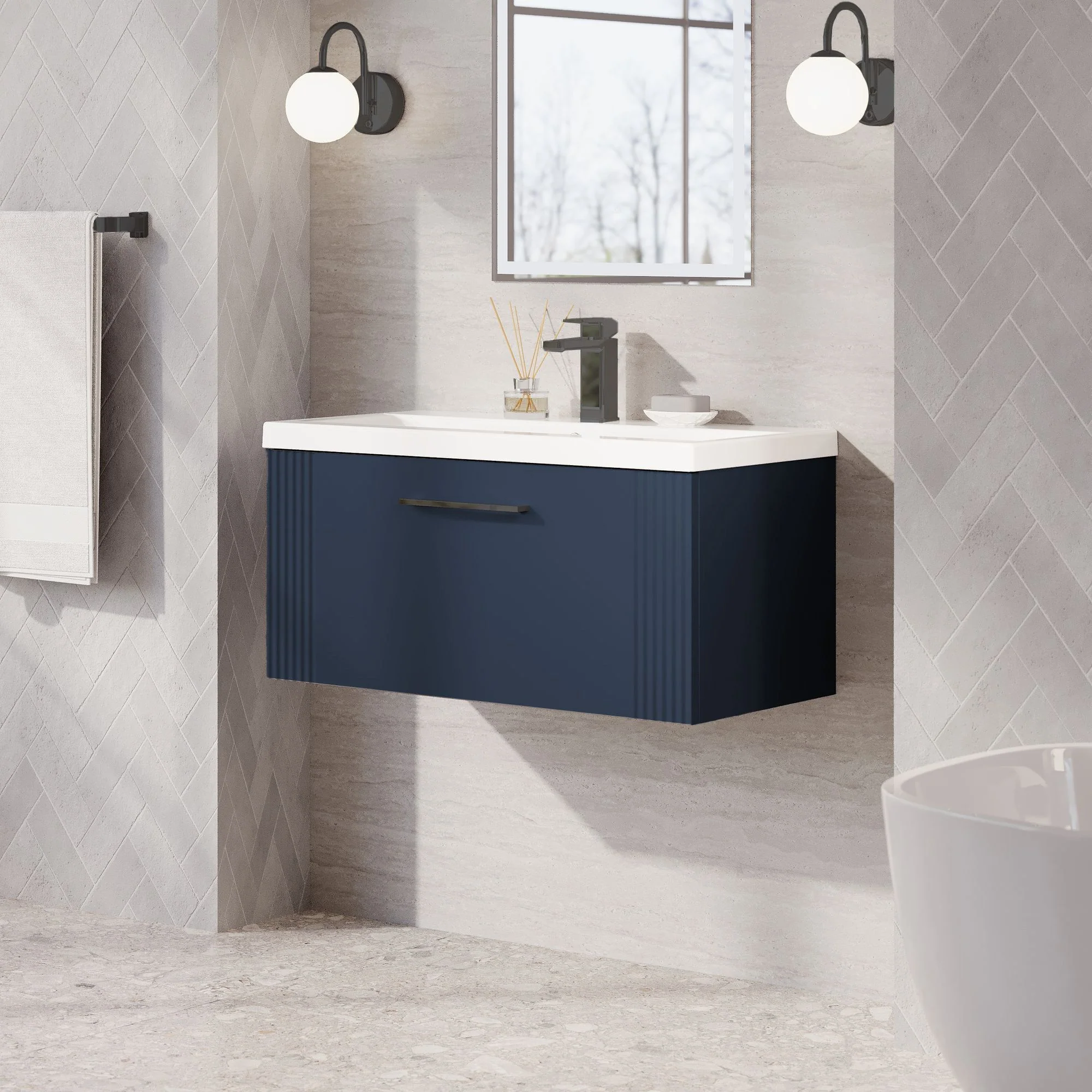 Nuie Deco 800mm Wall Hung Single Drawer Vanity & Basin 1 - Satin Blue - Image 4
