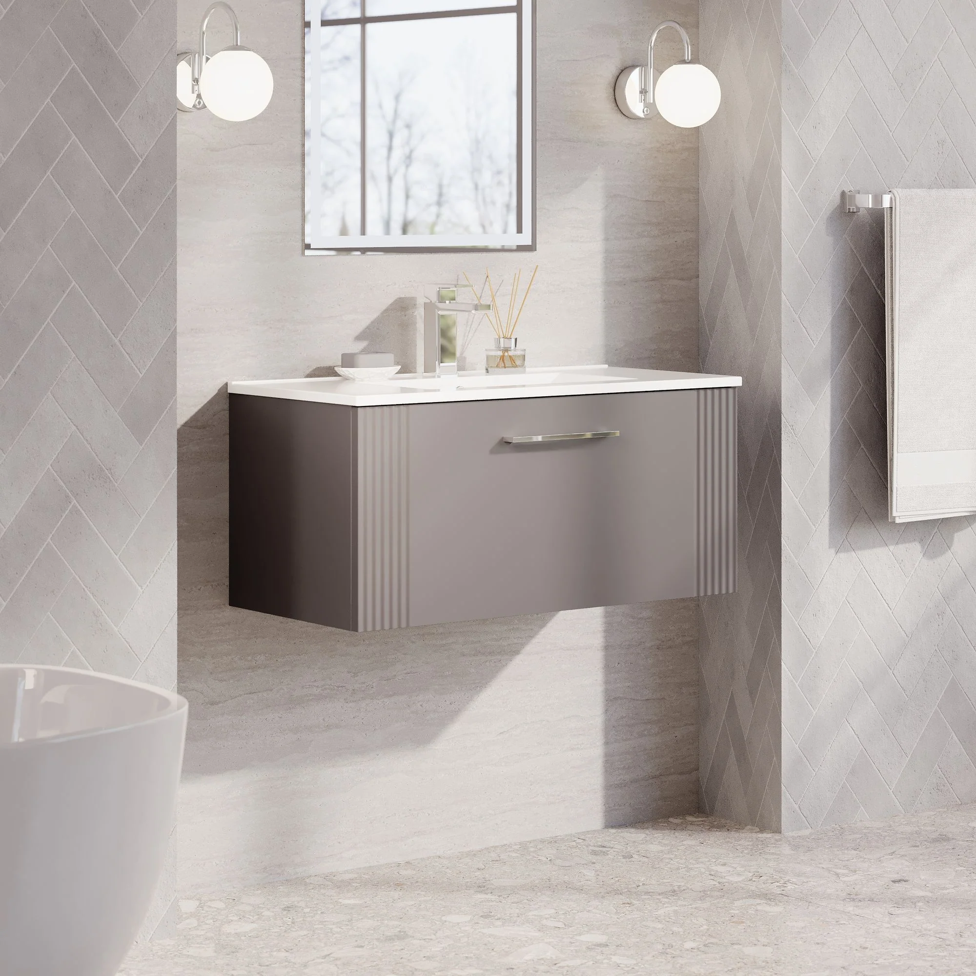 Nuie Deco 800mm Wall Hung Single Drawer Vanity & Basin 2 - Satin Grey