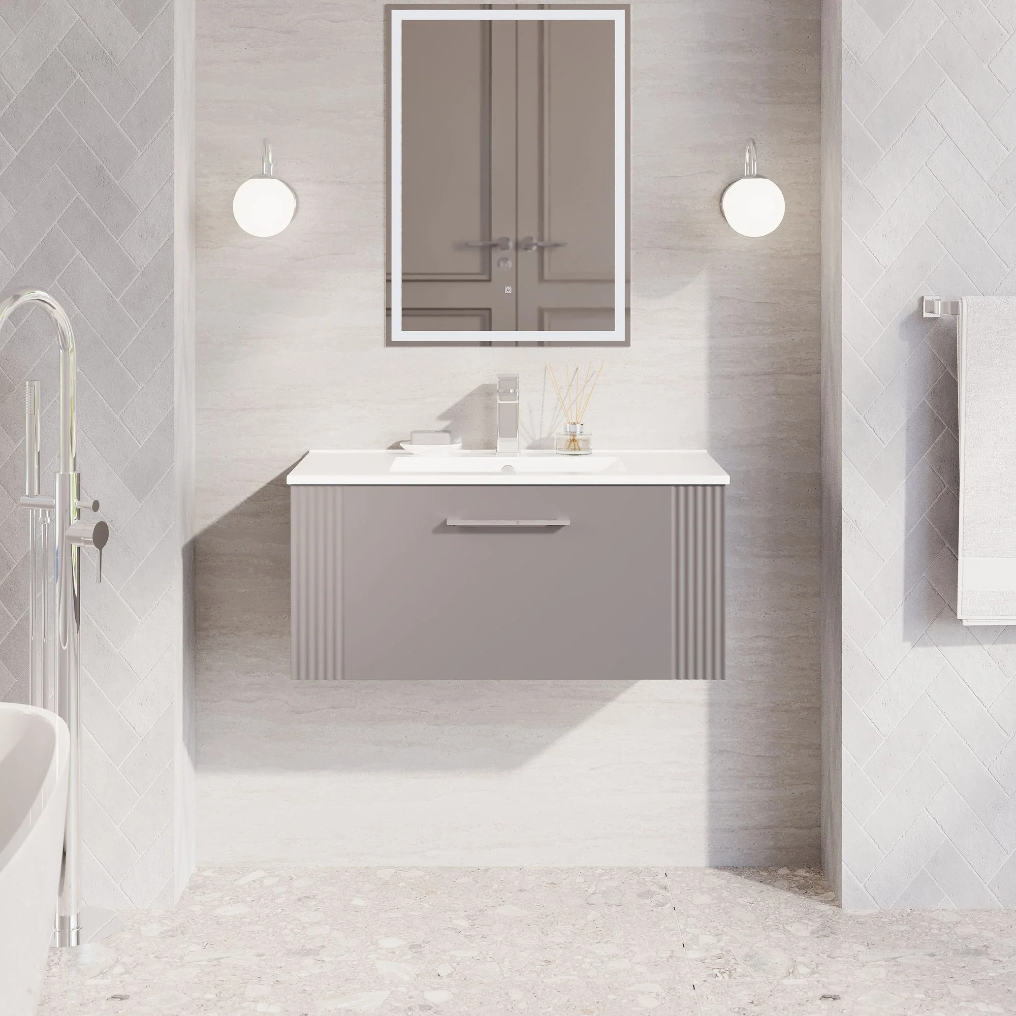 Nuie Deco 800mm Wall Hung Single Drawer Vanity & Basin 2 - Satin Grey - Image 4