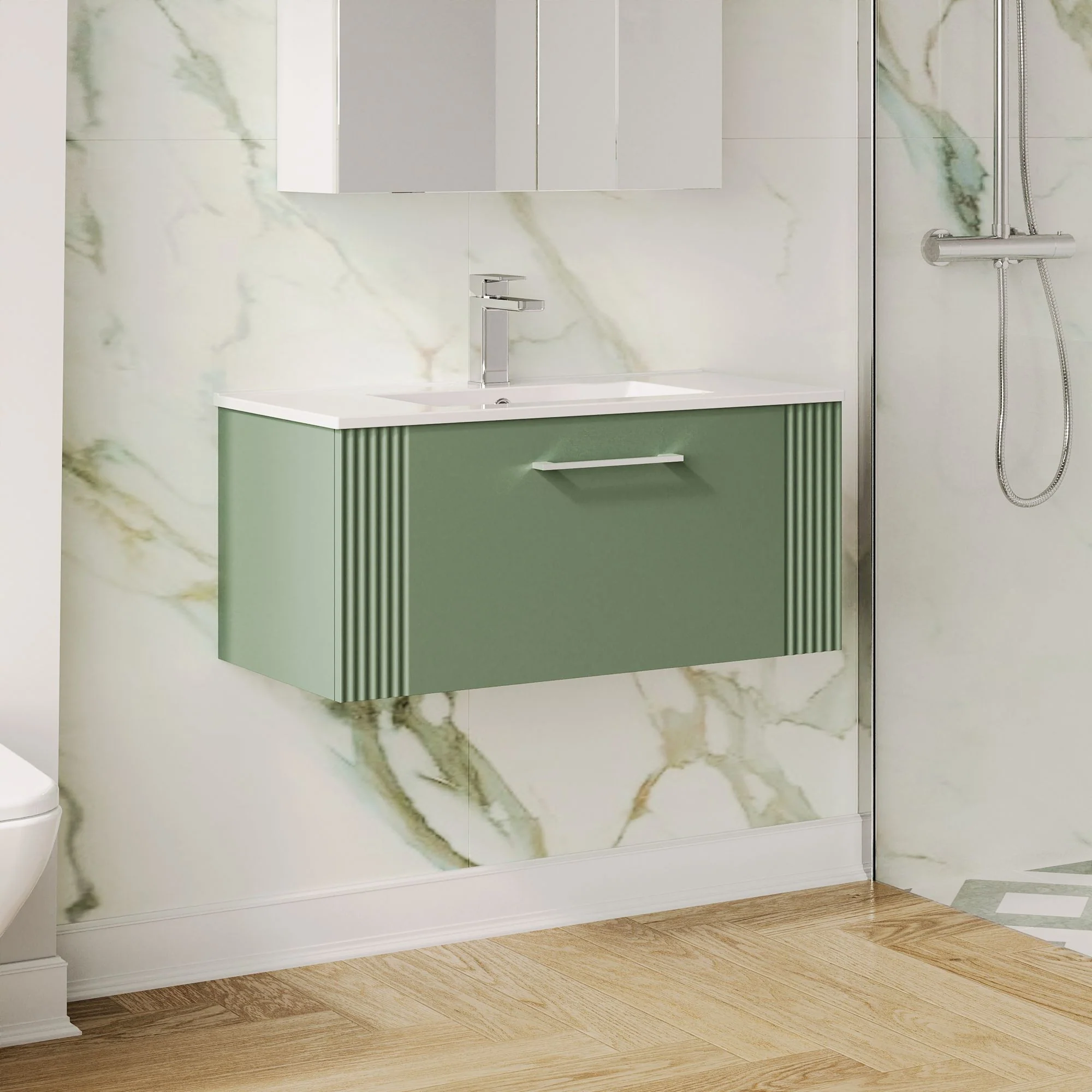 Nuie Deco 800mm Wall Hung Single Drawer Vanity & Basin 2 - Satin Green