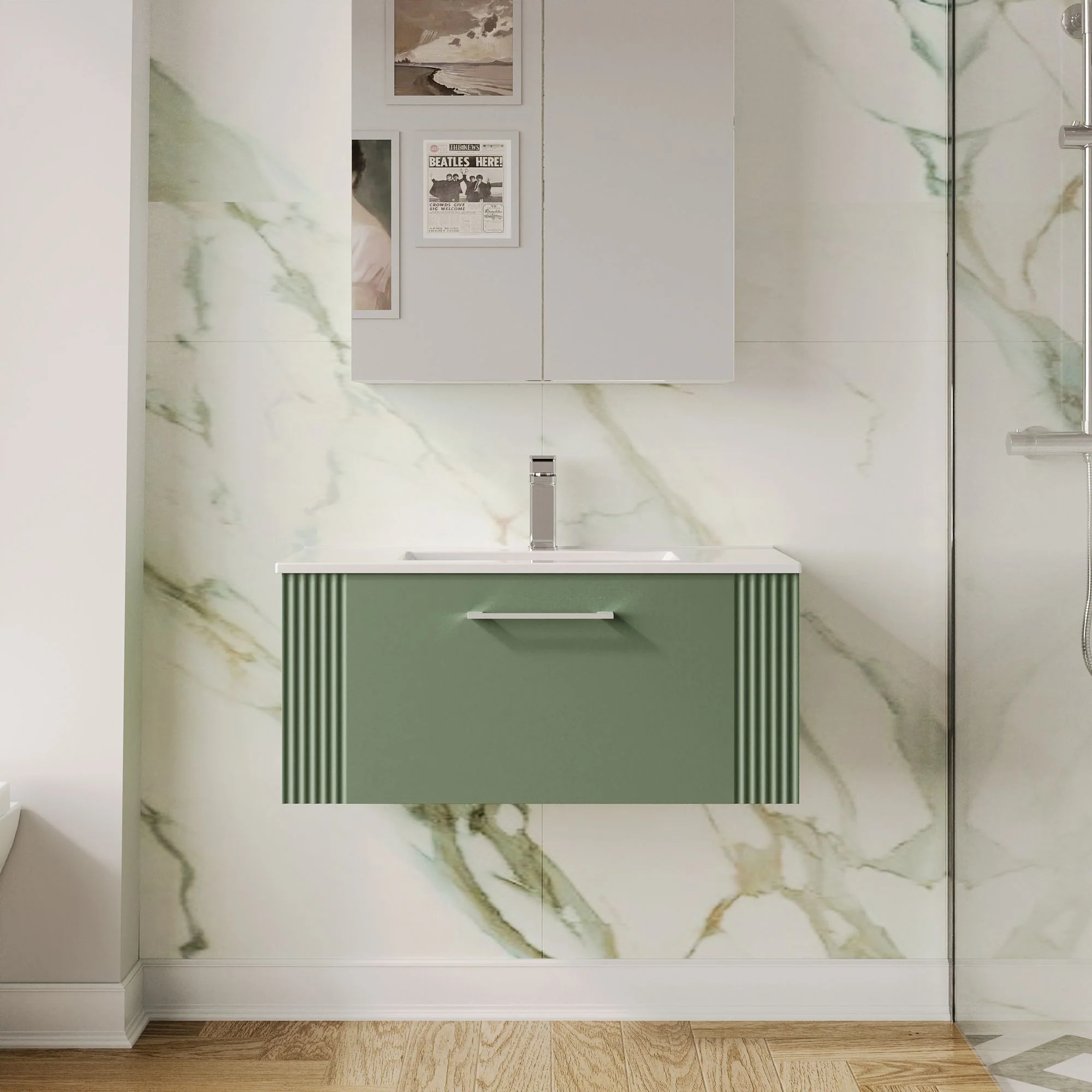 Nuie Deco 800mm Wall Hung Single Drawer Vanity & Basin 2 - Satin Green - Image 4