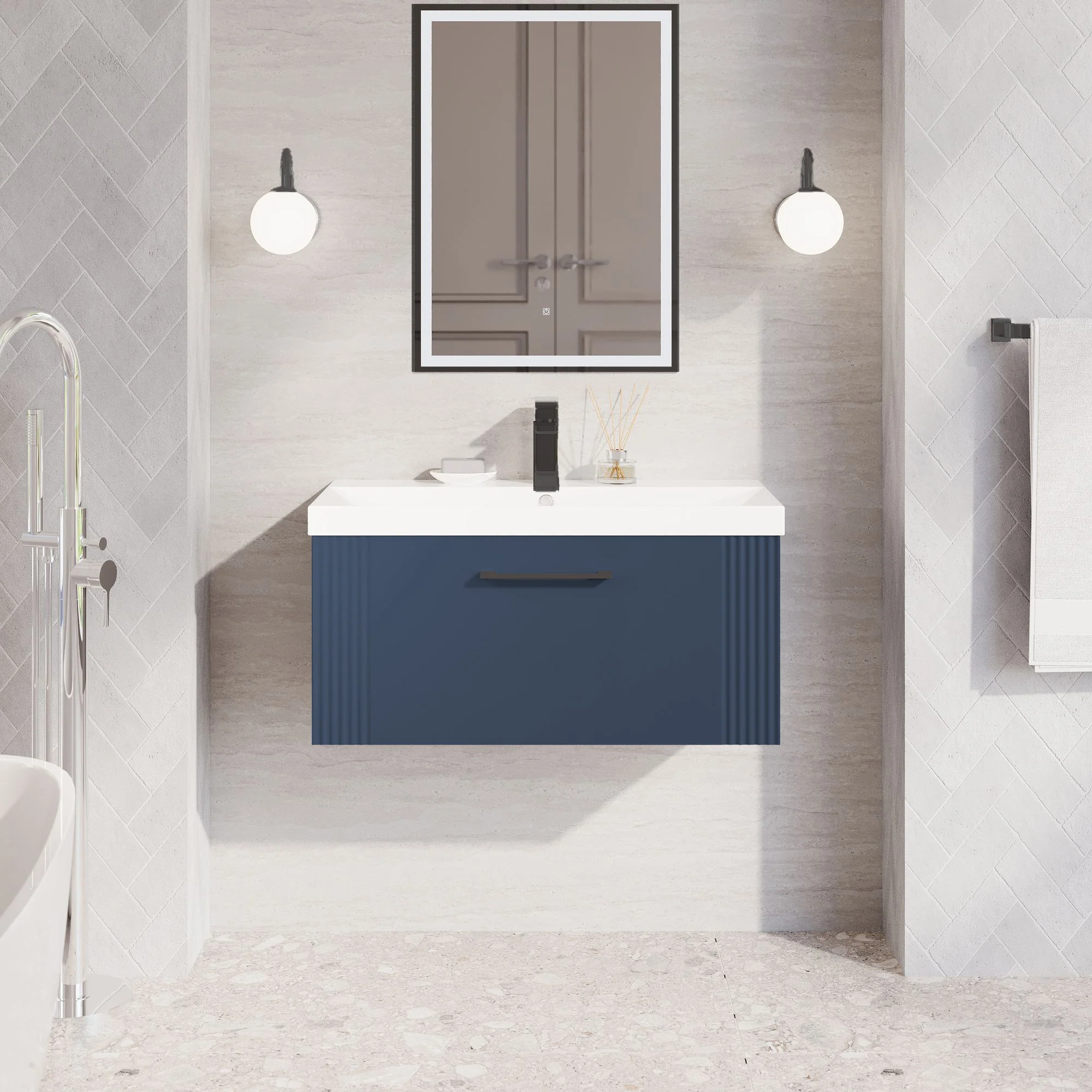 Nuie Deco 800mm Wall Hung Single Drawer Vanity & Basin 3 - Satin Blue
