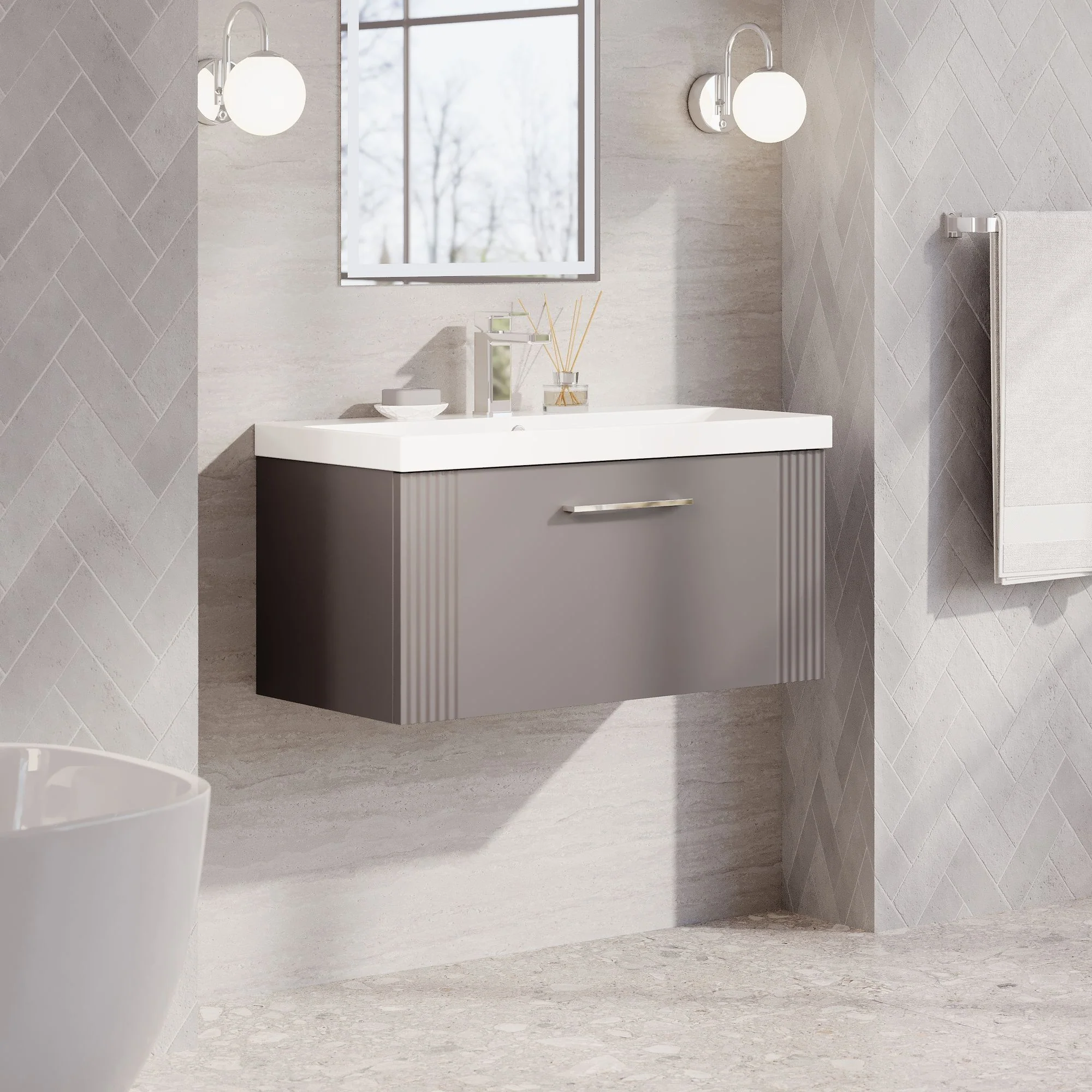Nuie Deco 800mm Wall Hung Single Drawer Vanity & Basin 3 - Satin Grey - Image 4