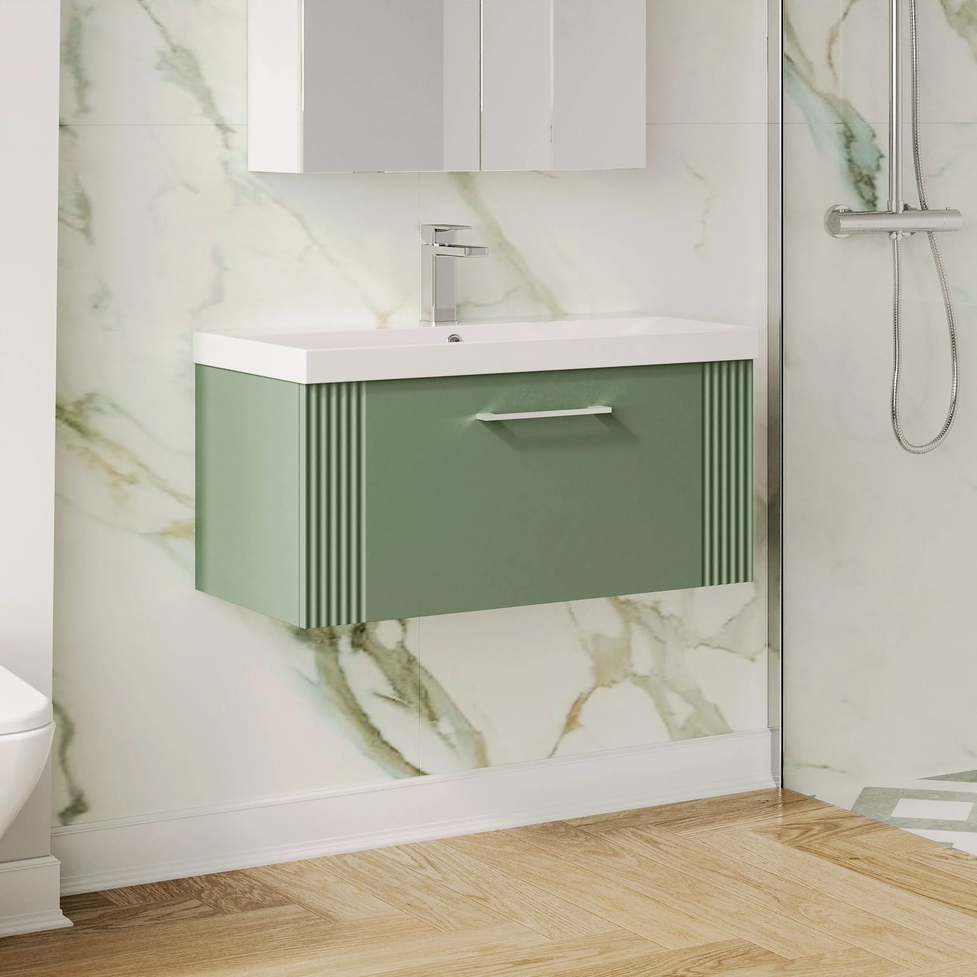 Nuie Deco 800mm Wall Hung Single Drawer Vanity & Basin 3 - Satin Green - Image 4