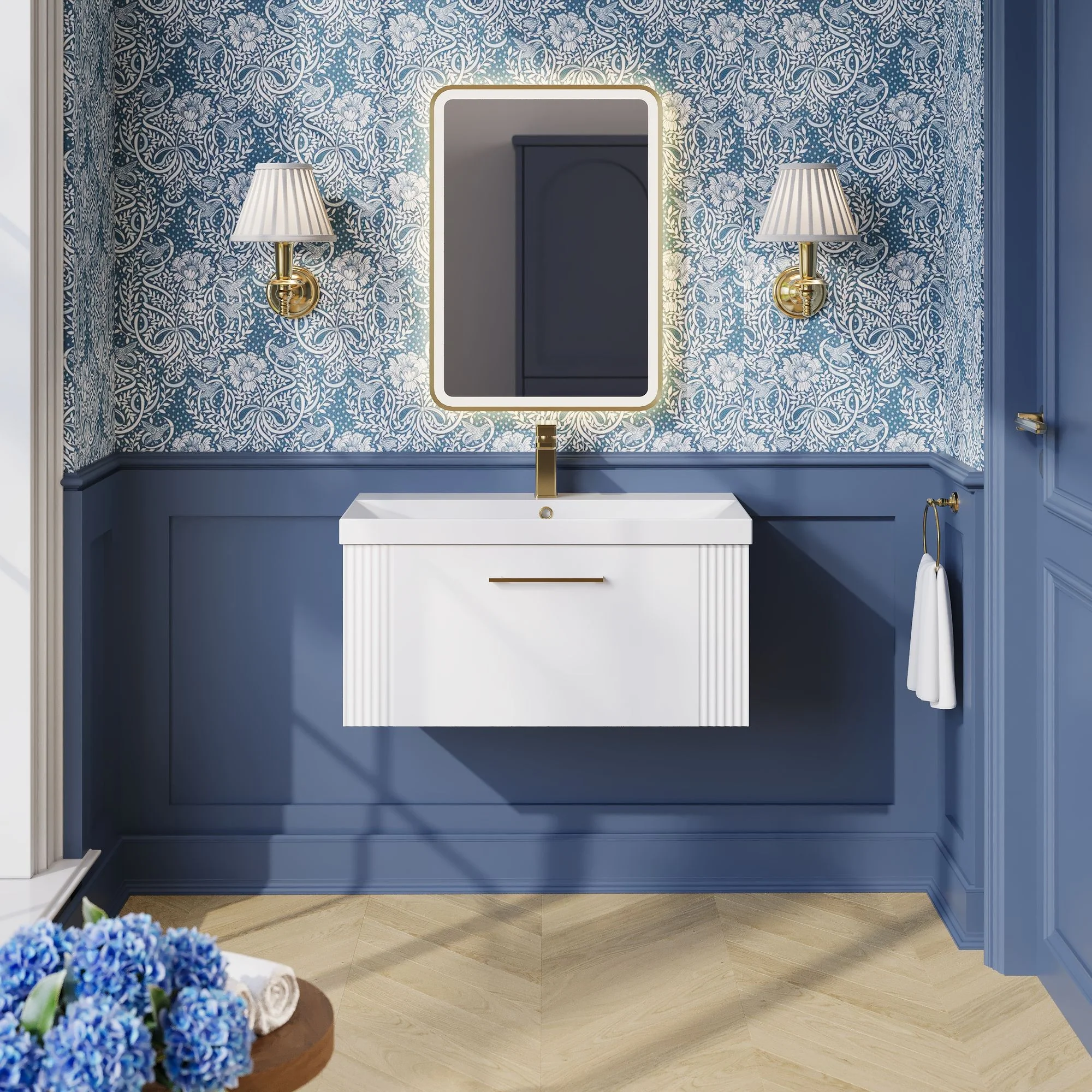 Nuie Deco 800mm Wall Hung Single Drawer Vanity & Basin 3 - Satin White