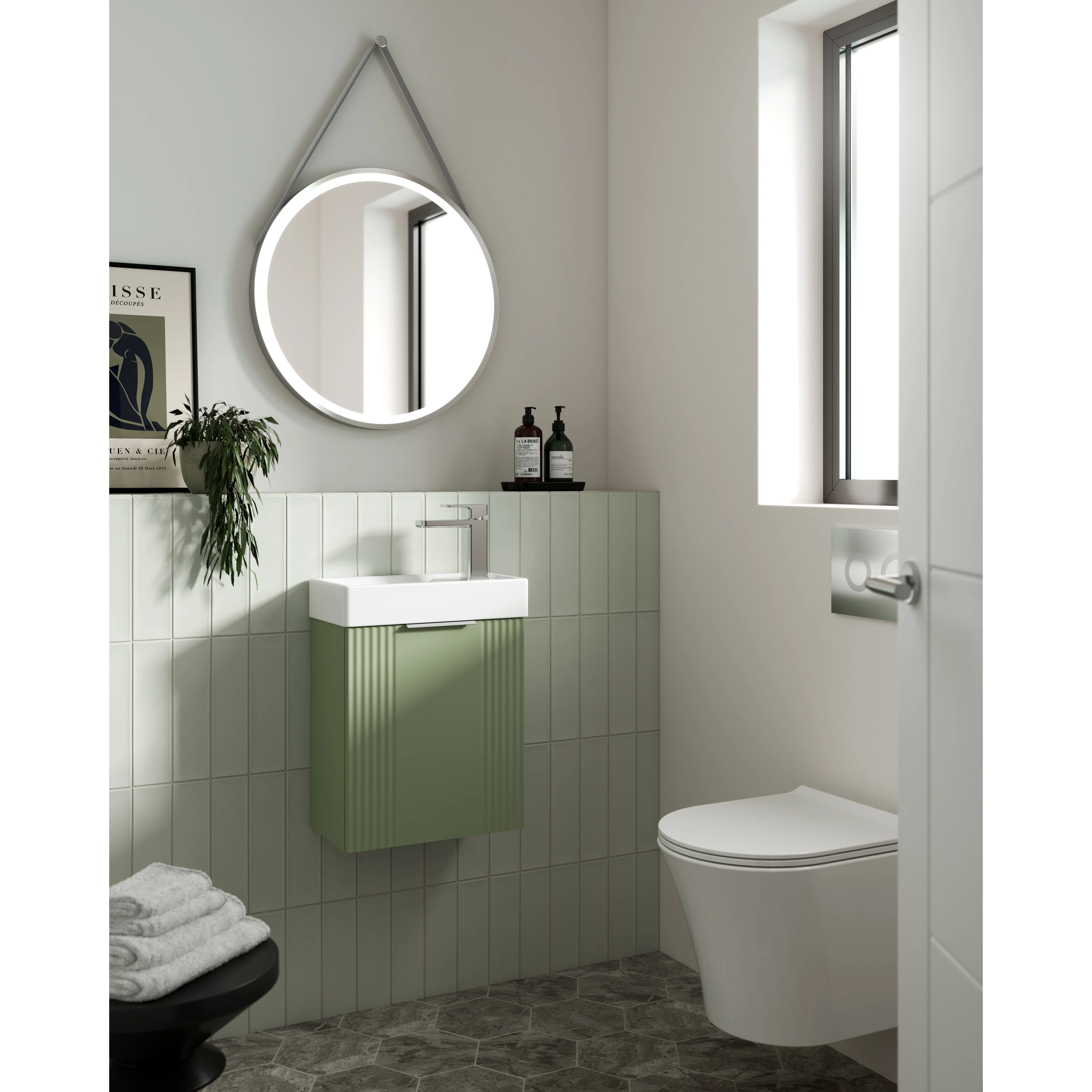 Nuie Deco Compact 400mm Wall Hung Cabinet & Basin - Satin Green - Image 3