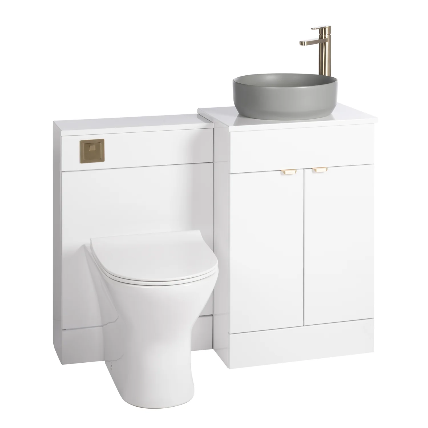 Nuie Eden 1000mm Countertop Vanity with Grey Basin & WC Set - White with Brushed Brass Handles - Image 2
