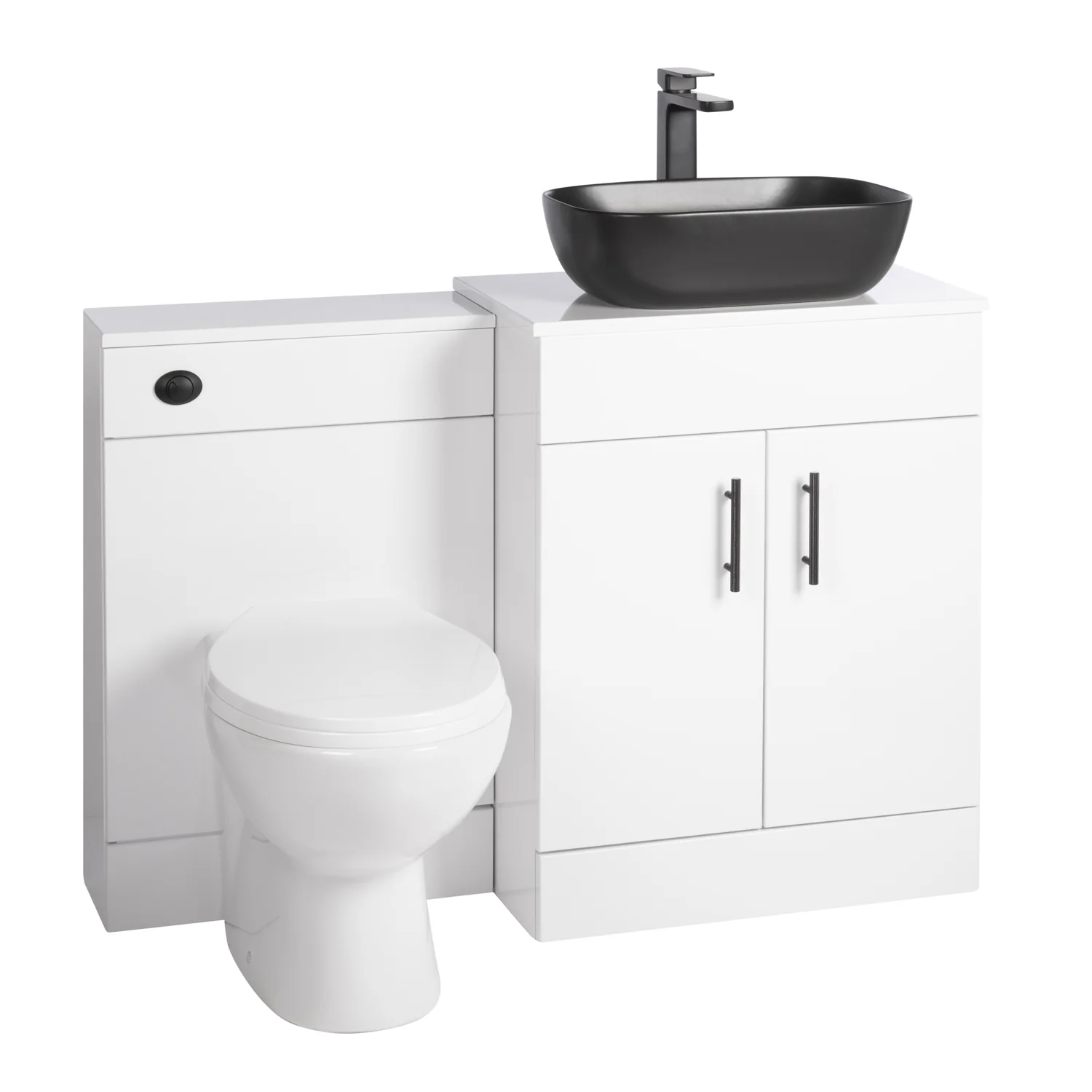 Nuie Eden 1100mm Countertop Vanity with Black Basin & WC Set - White with Black Handles