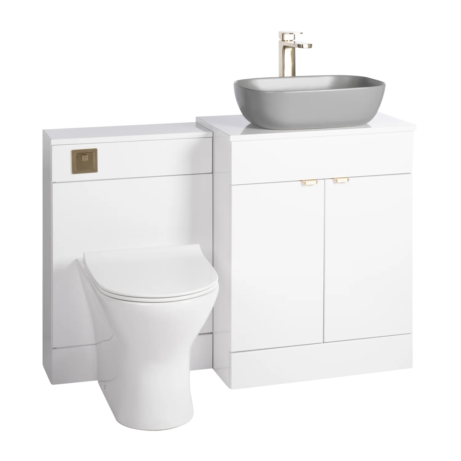 Nuie Eden 1100mm Countertop Vanity with Grey Basin & WC Set - White with Brushed Brass Handles - Image 2
