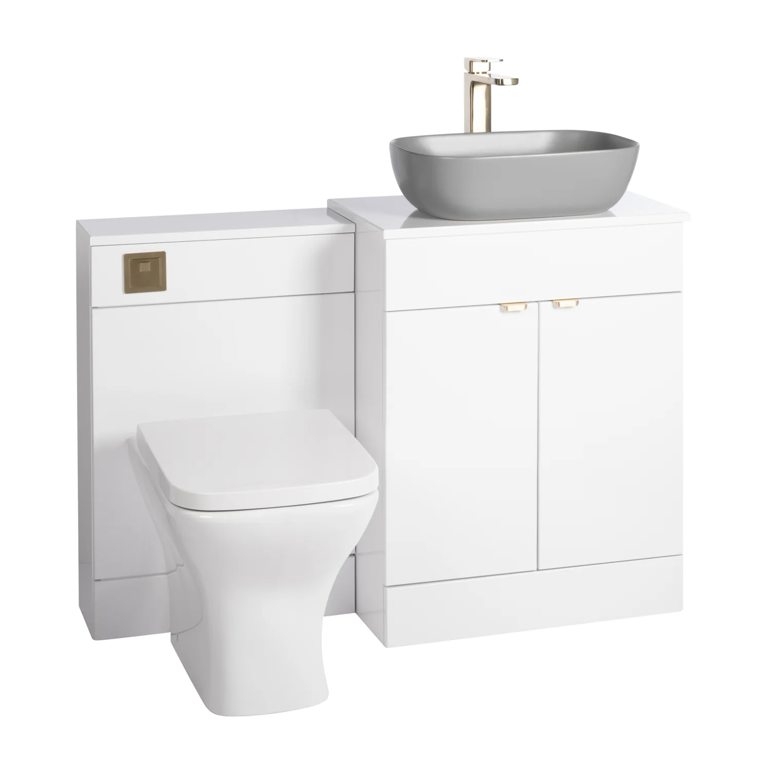 Nuie Eden 1100mm Countertop Vanity with Grey Basin & WC Set - White with Brushed Brass Handles - Image 3