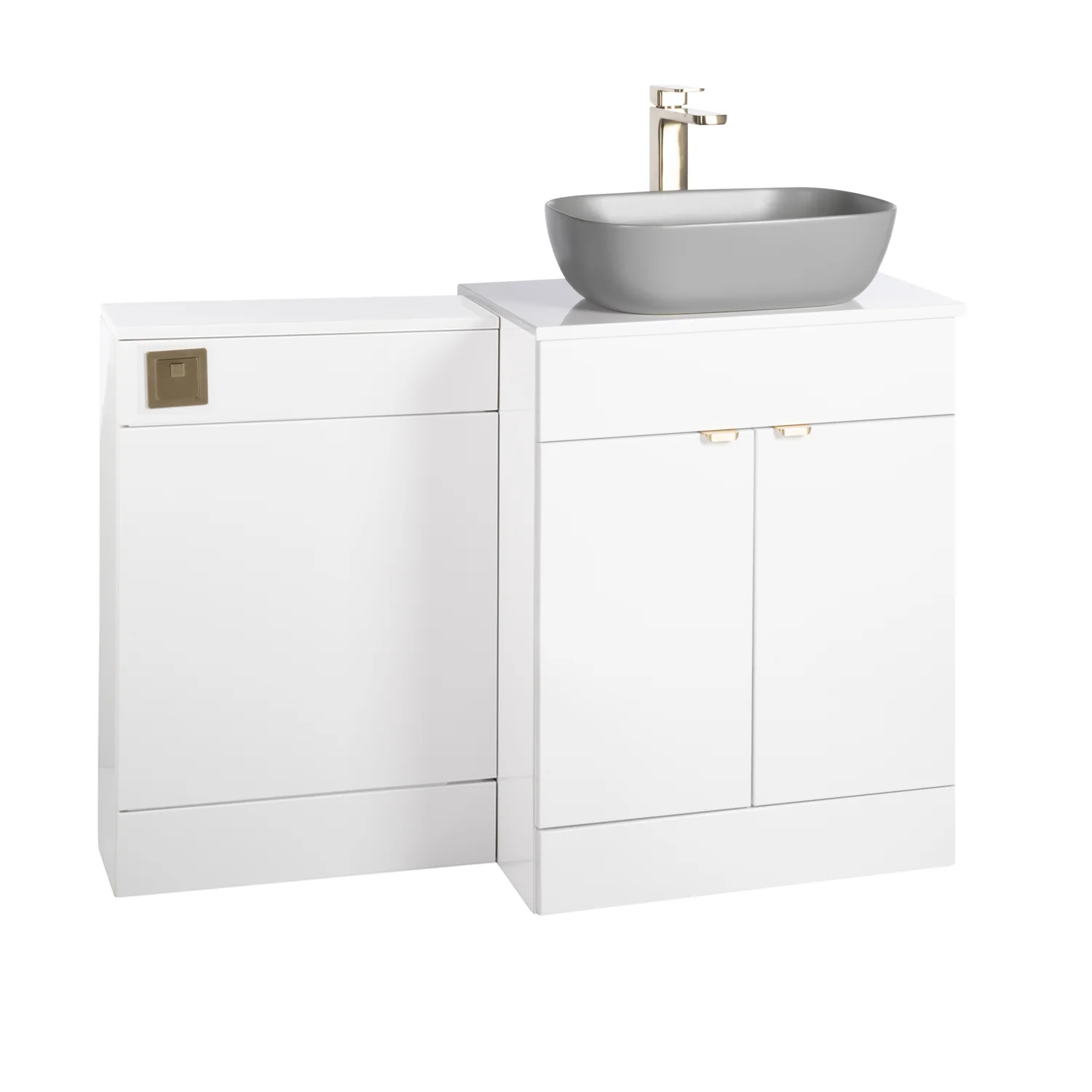 Nuie Eden 1100mm Countertop Vanity with Grey Basin & WC Set - White with Brushed Brass Handles - Image 4