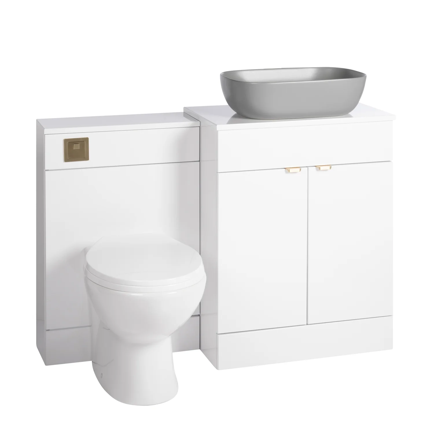 Nuie Eden 1100mm Countertop Vanity with Grey Basin & WC Set - White with Brushed Brass Handles - Image 5