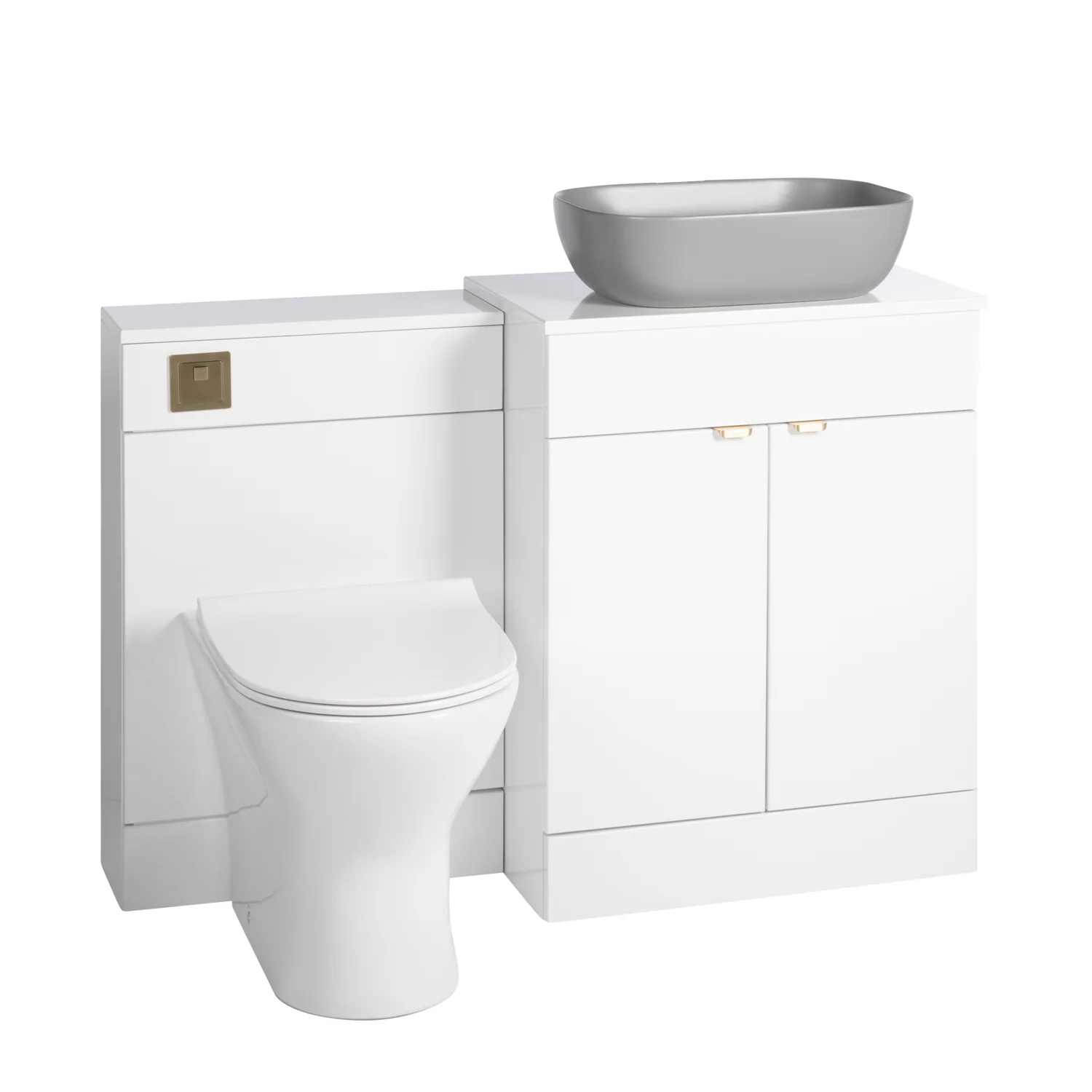 Nuie Eden 1100mm Countertop Vanity with Grey Basin & WC Set - White with Brushed Brass Handles - Image 6