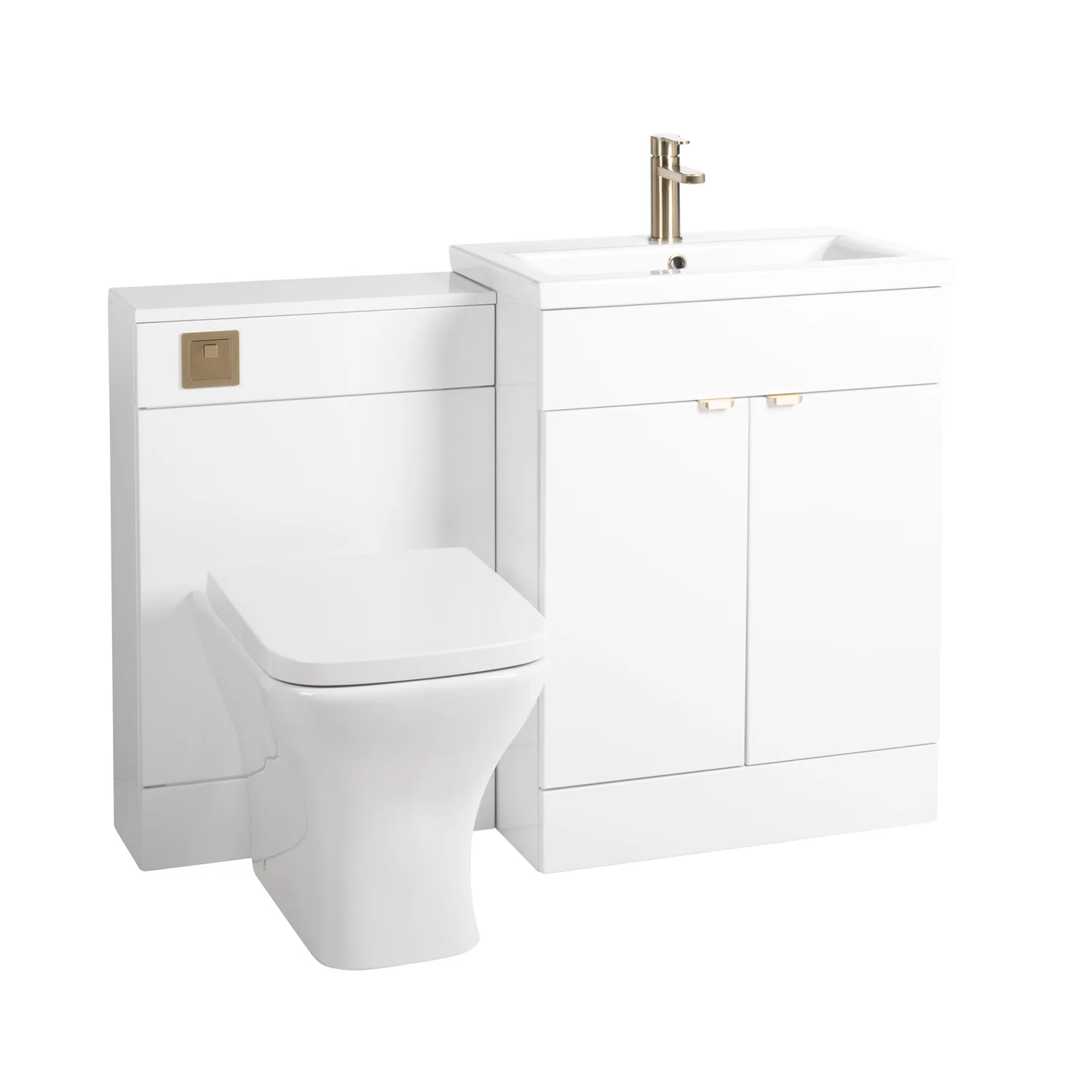 Nuie Eden 1100mm Vanity & WC Set - White with Brushed Brass Handles