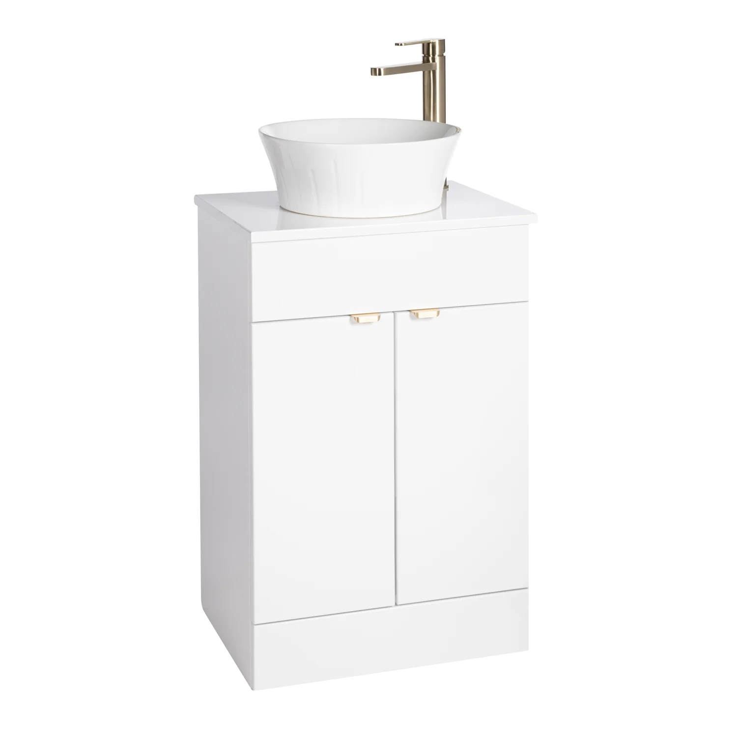 Nuie Eden 500mm Floor Standing 2-Door Countertop Vanity Unit with Basin- Gloss White with Brushed Brass Handles
