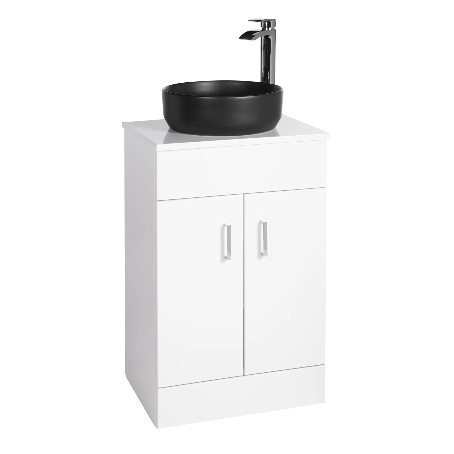 Nuie Eden 500mm Floor Standing 2-Door Countertop Vanity Unit with Matt Black Basin- Gloss White