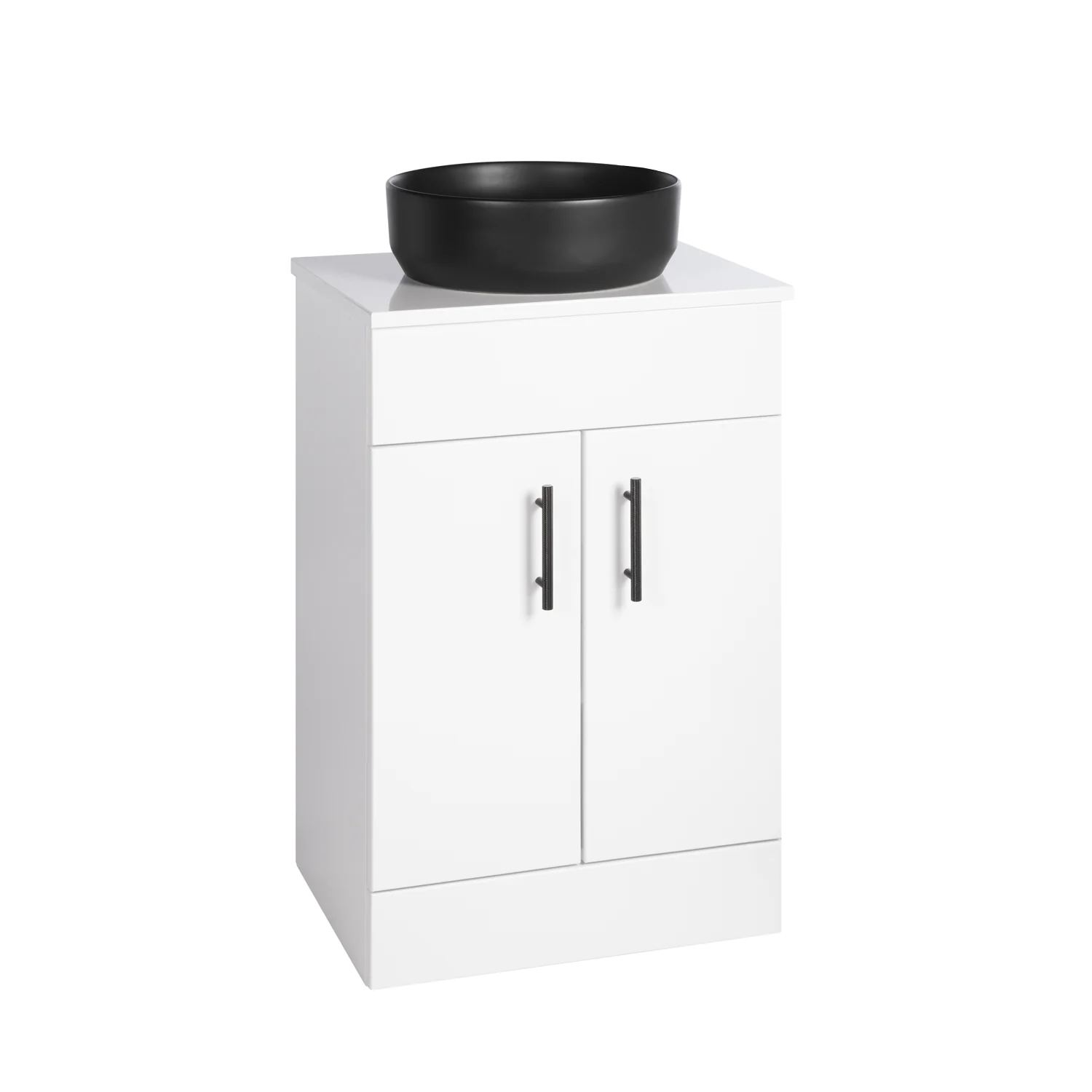 Nuie Eden 500mm Floor Standing 2-Door Countertop Vanity Unit with Matt Black Basin- Gloss White with Matt Black Handles - Image 2