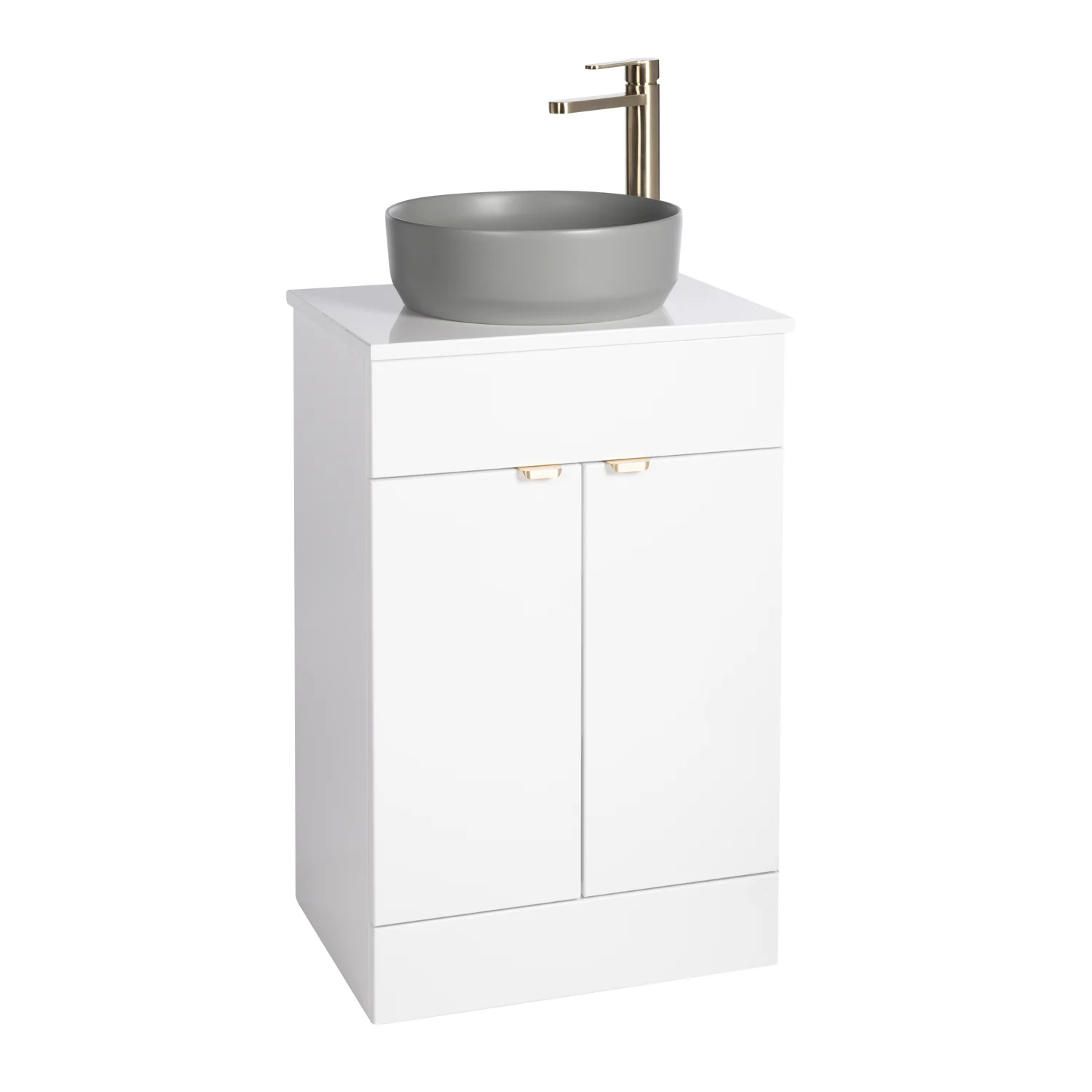 Nuie Eden 500mm Floor Standing 2-Door Countertop Vanity Unit with Matt Grey Basin- Gloss White with Brushed Brass Handles