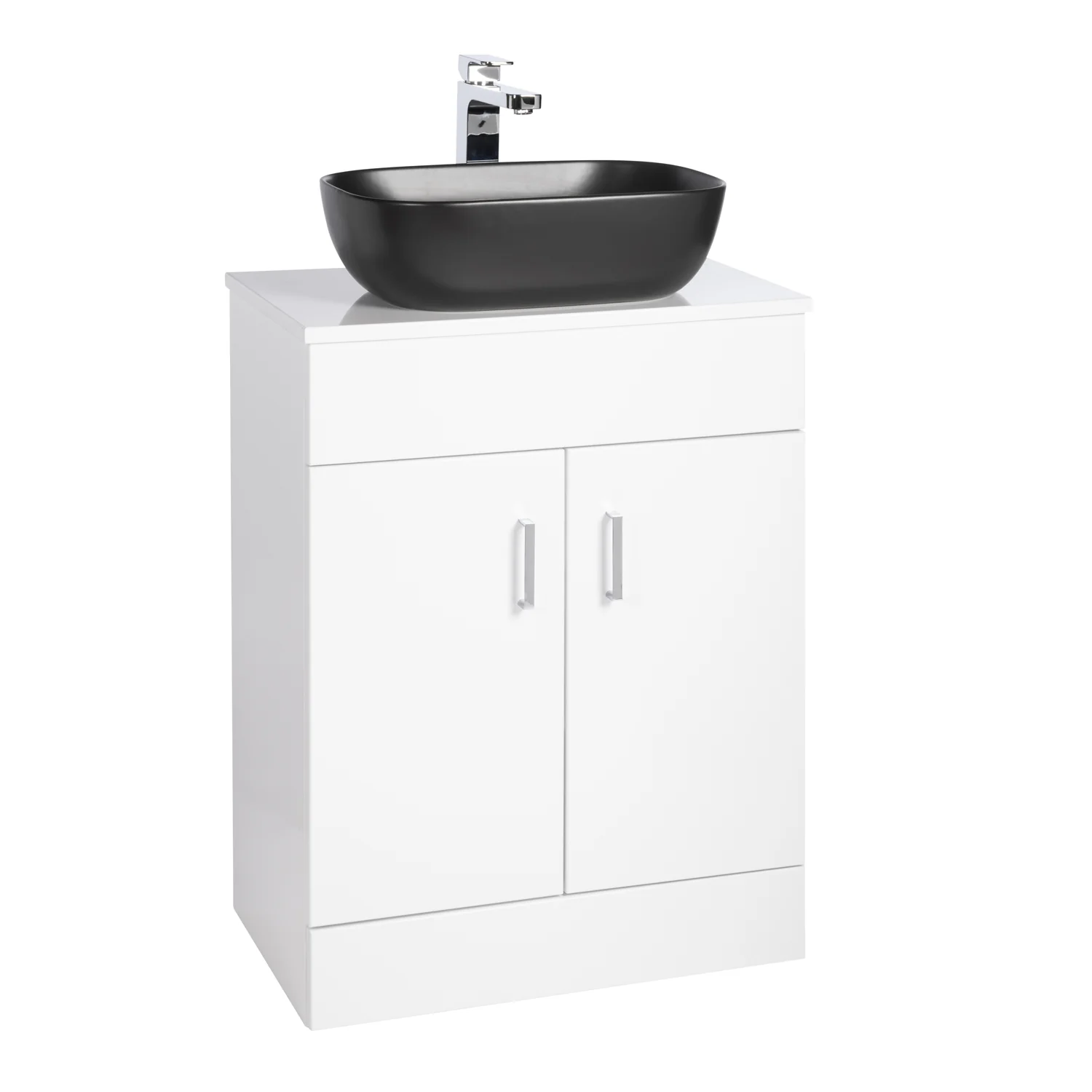 Nuie Eden 600mm Floor Standing 2-Door Countertop Vanity Unit with Matt Black Basin- Gloss White
